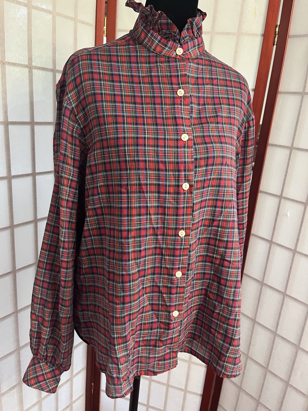 Vintage 80’s Victorian grunge retro red, green, and beige plaid blouse