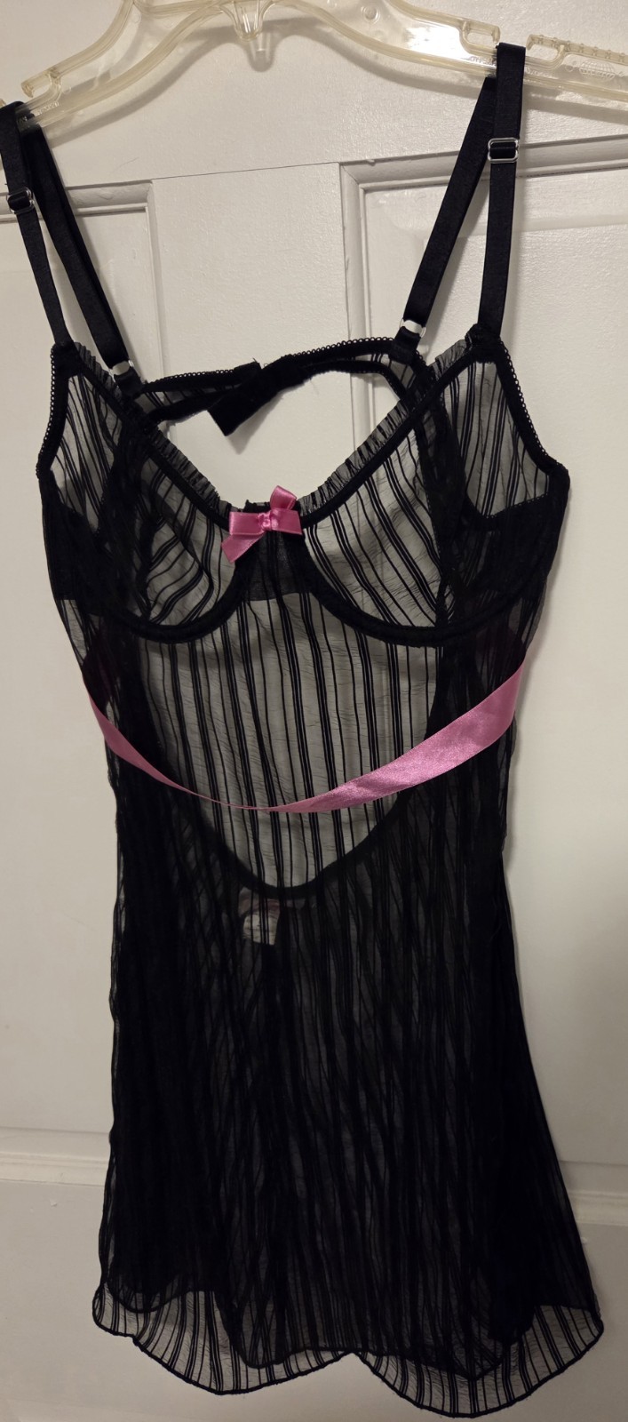 Vintage Y2K Elegant Moments Black Mesh Lingerie Pink Ribbon & Bow *Size L* EUC