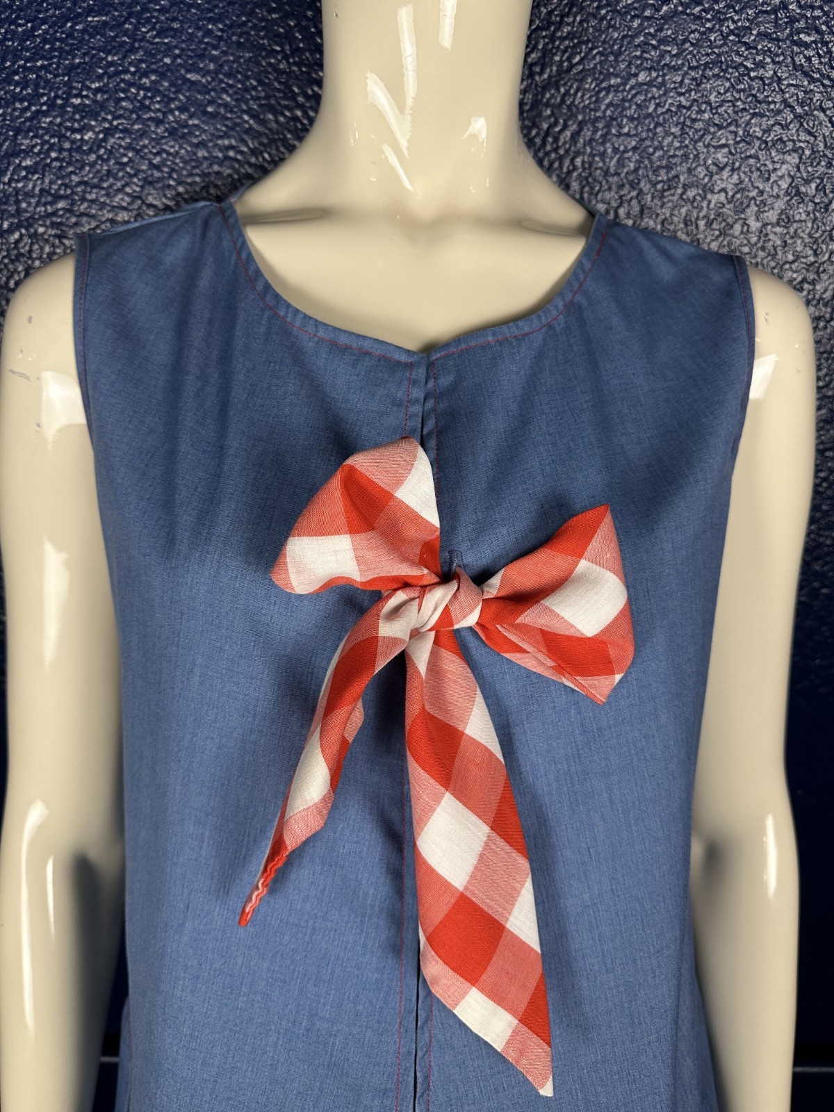 Vintage 1970’s GO-INS by DANVILLE Denim Blue Sleeveless House Dress Mod Bow