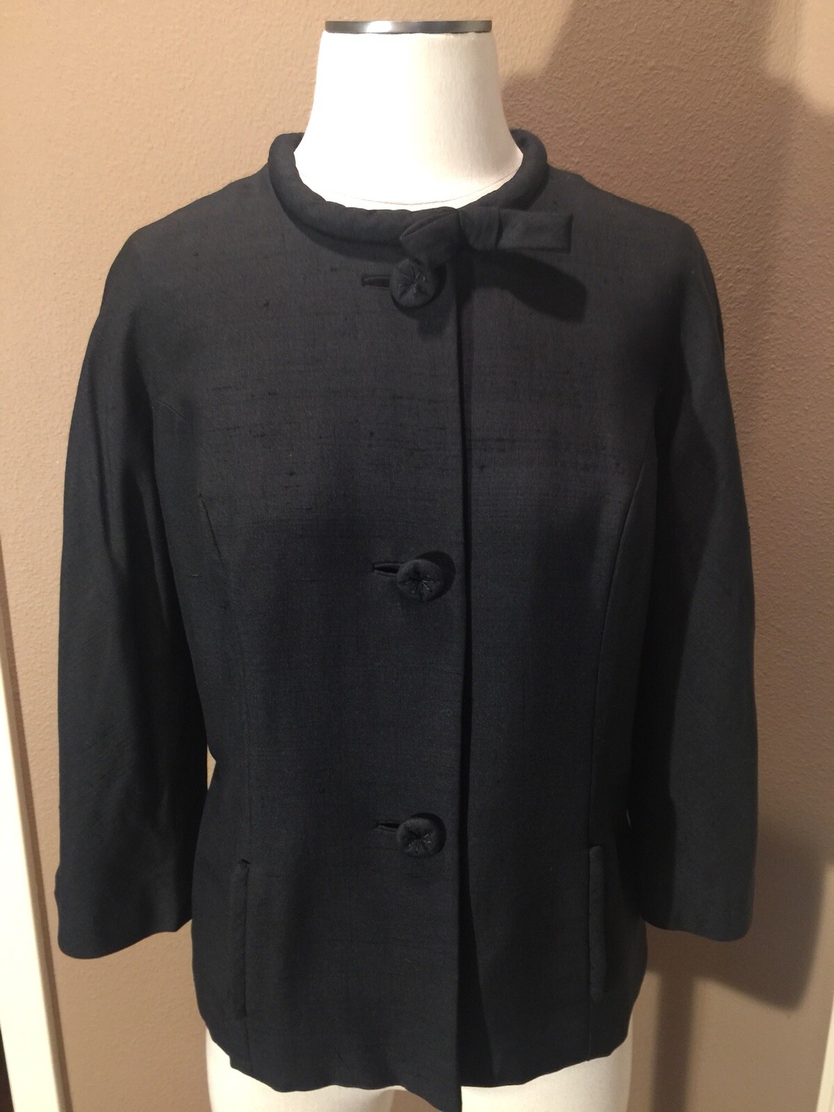 Vintage Retro 10/12 L Black Collarless Jacket W 3/4 Sleeves & Pockets