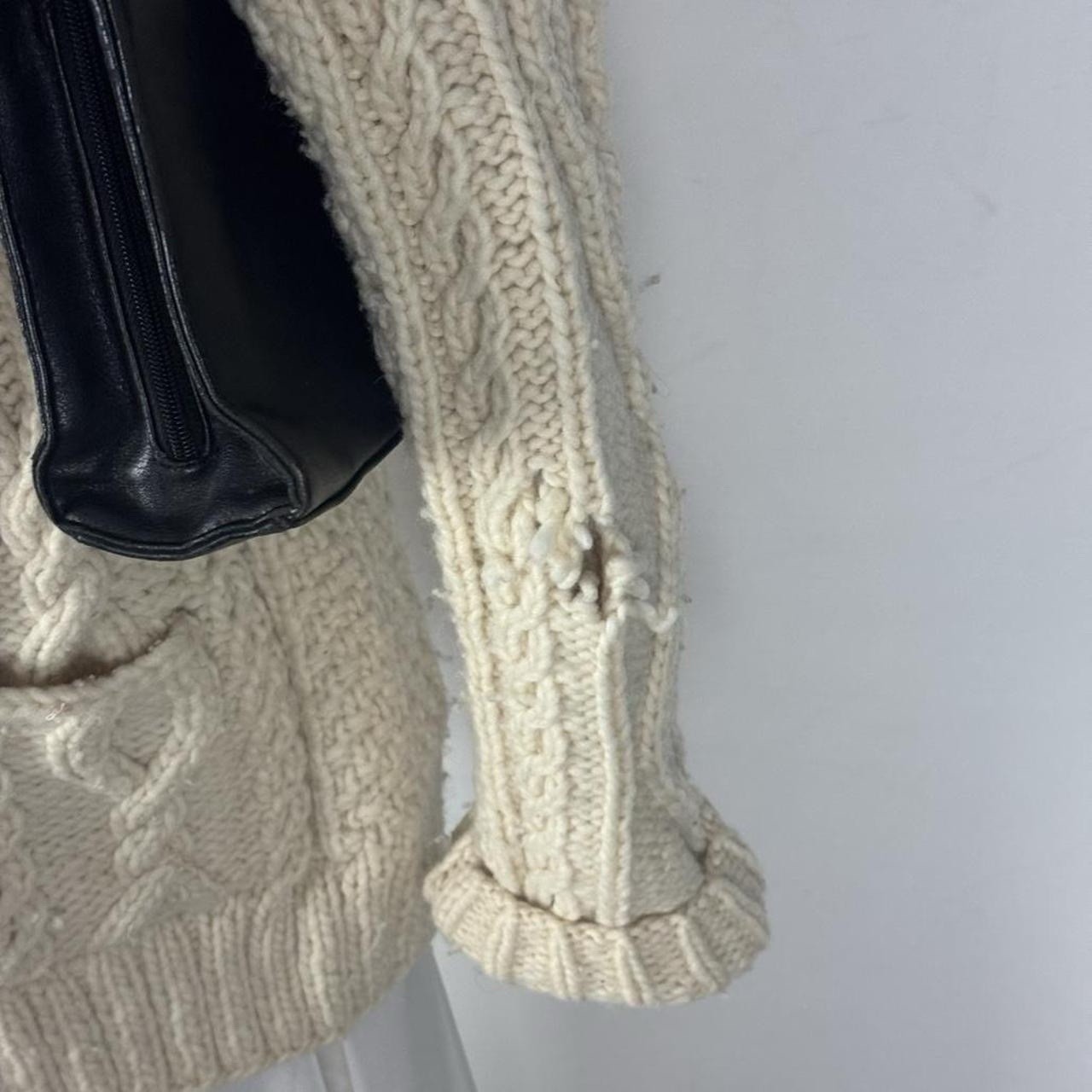 Hand Knit Aran Fisherman Cardigan Cream Cable Knit Wool Sweater Vintage L/XL