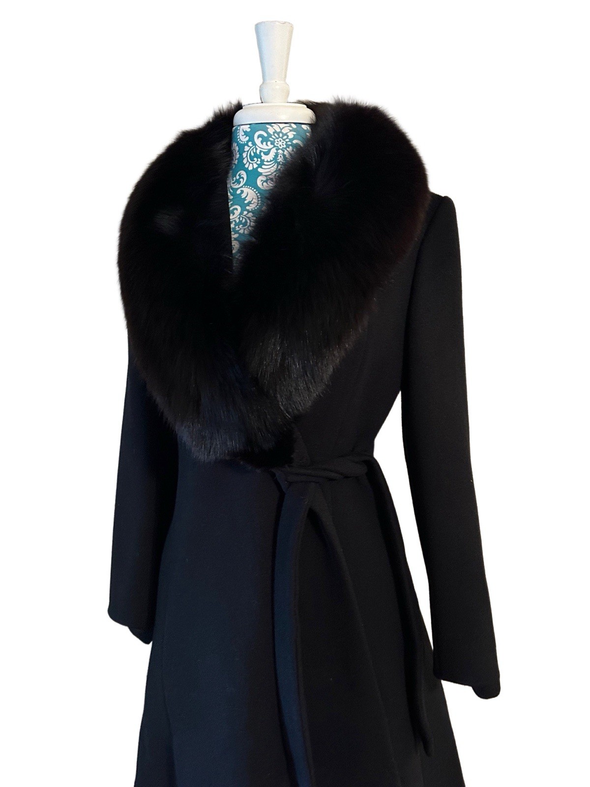 Vtg Fox Fur Black Wool Skirted Coat Pinup Bombshell Soft Girl Old Money Romantic