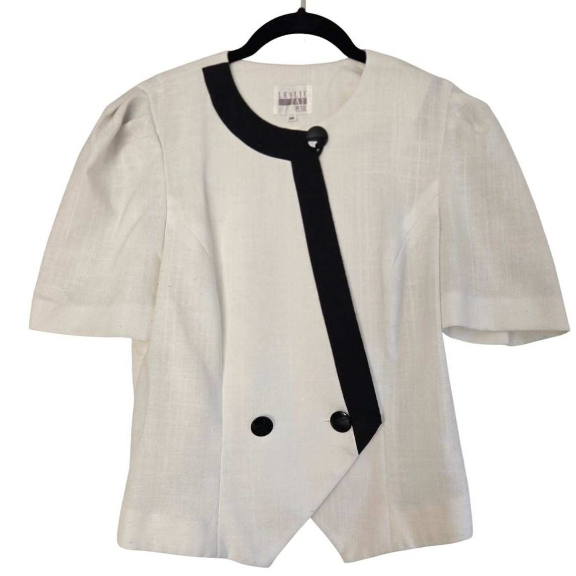 Vintage 80s Leslie Fay White Linen Blend Short Sleeve Blazer Black Trim Size 10
