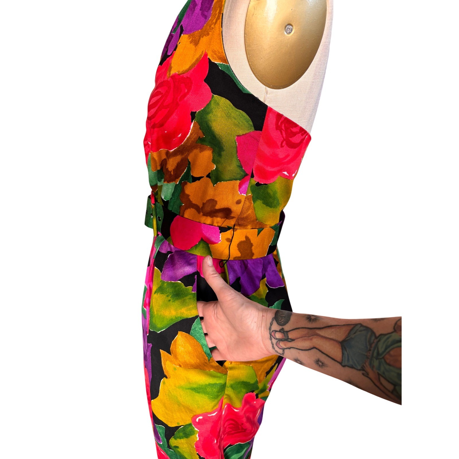 Floral Print Unbranded Halter Sheath Belted Pockets Midi Dress 6 Multi Vintage