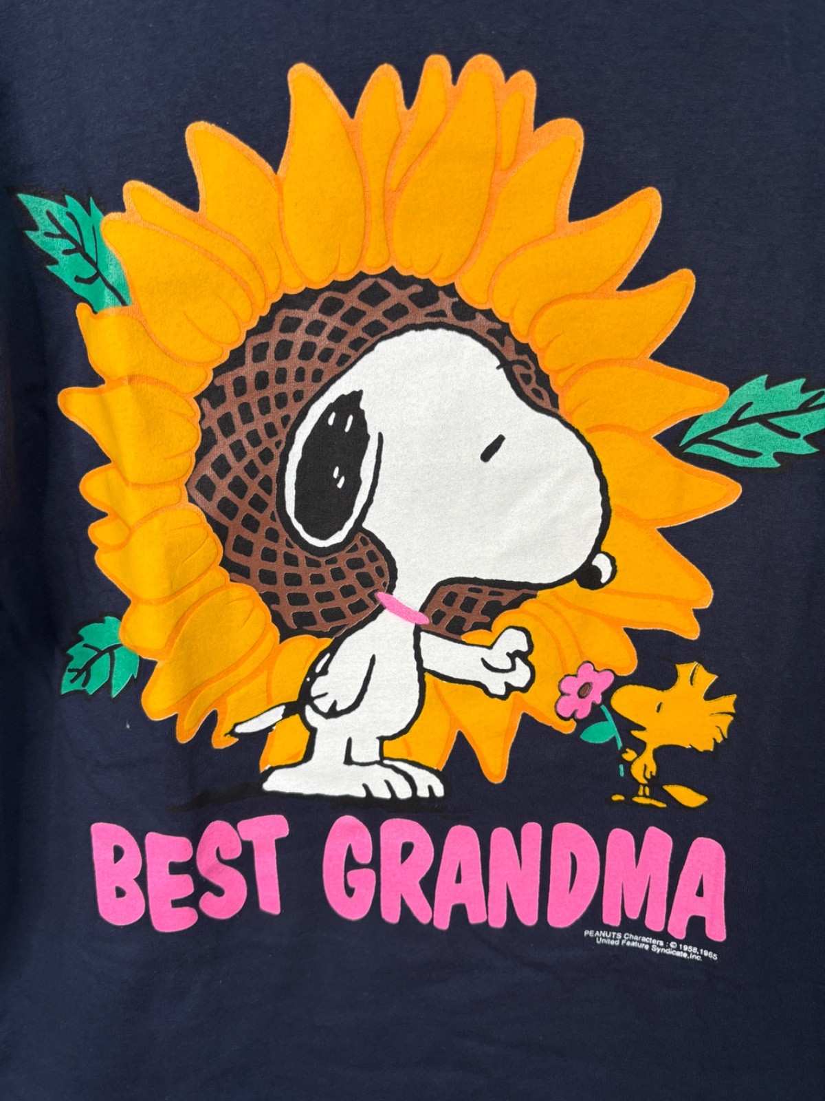 NOS VTG 90’S BJ DESIGN SNOOPY BEST GRANDMA SUNFLOWER COLLARED TEE SHIRT*L/XL