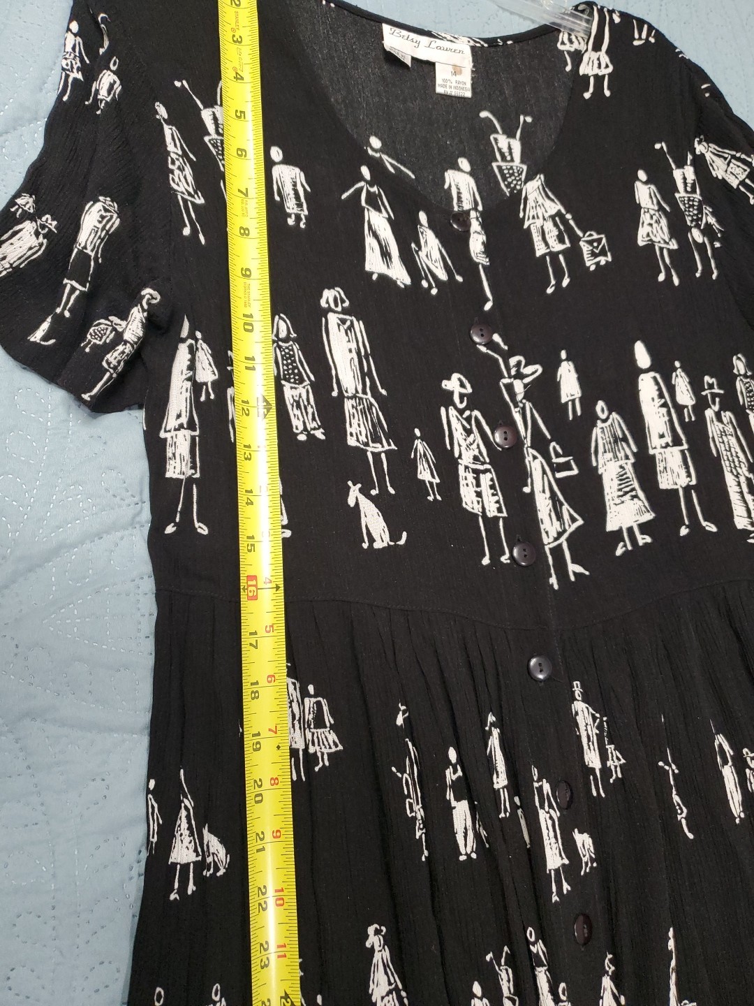 Betsy Lauren Button-Up Maxi Dress Black Size 14 Unique Pattern Of People Vtg