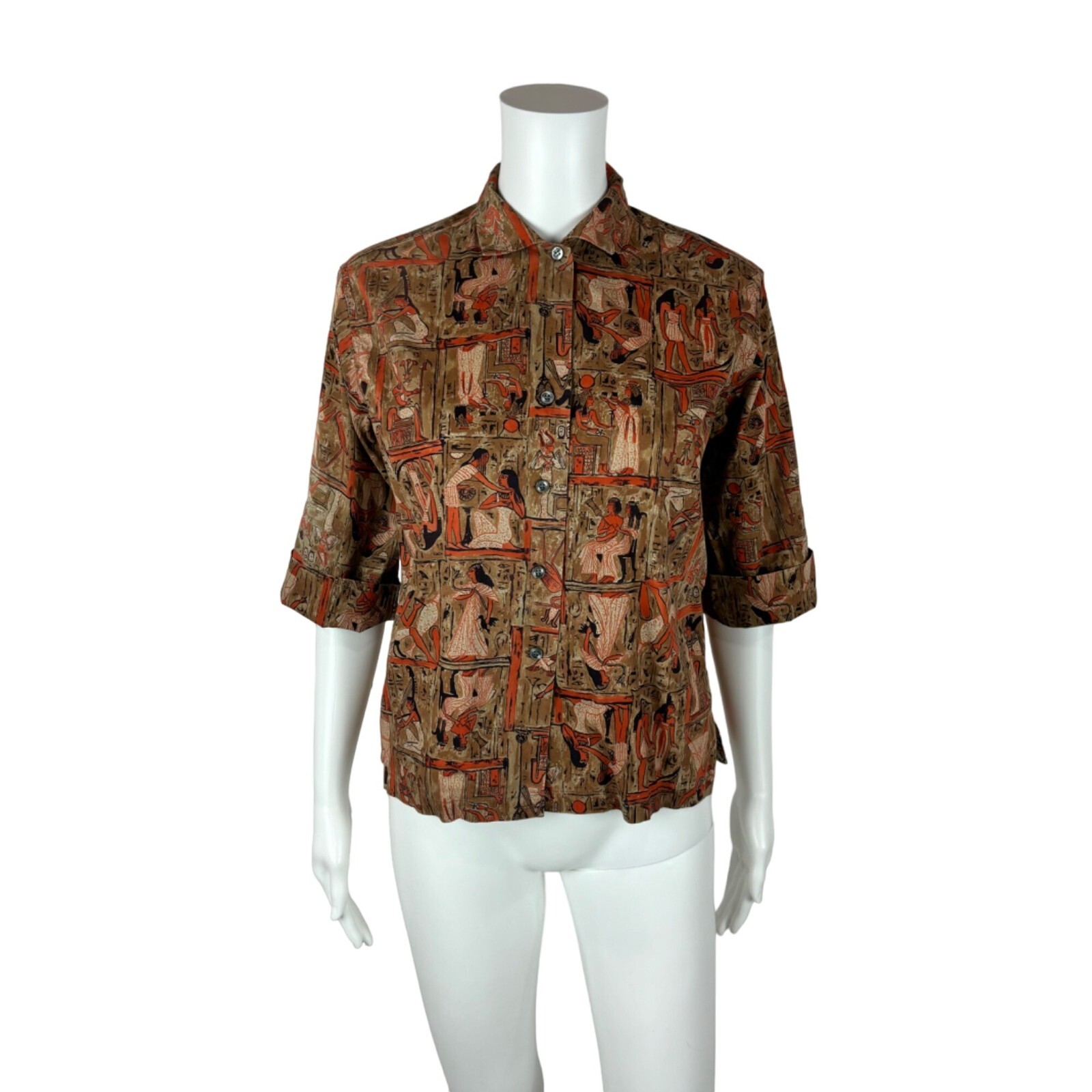 Vintage 50s Egyptian Blouse Women’s M Hieroglyphics Novelty Print Cotton Button
