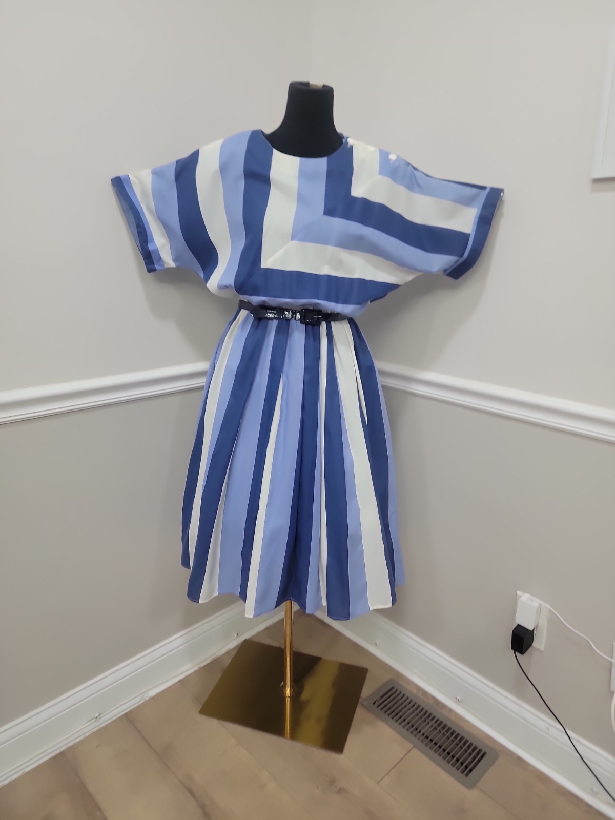 80s Blue White Striped Dolman Sleeve Pleated Dress Belted Nautical Party Dress