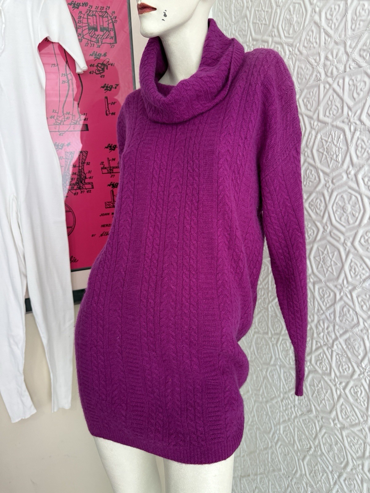 vintage sweater 1980s lambswool angora cable knit turtleneck pink M oversized