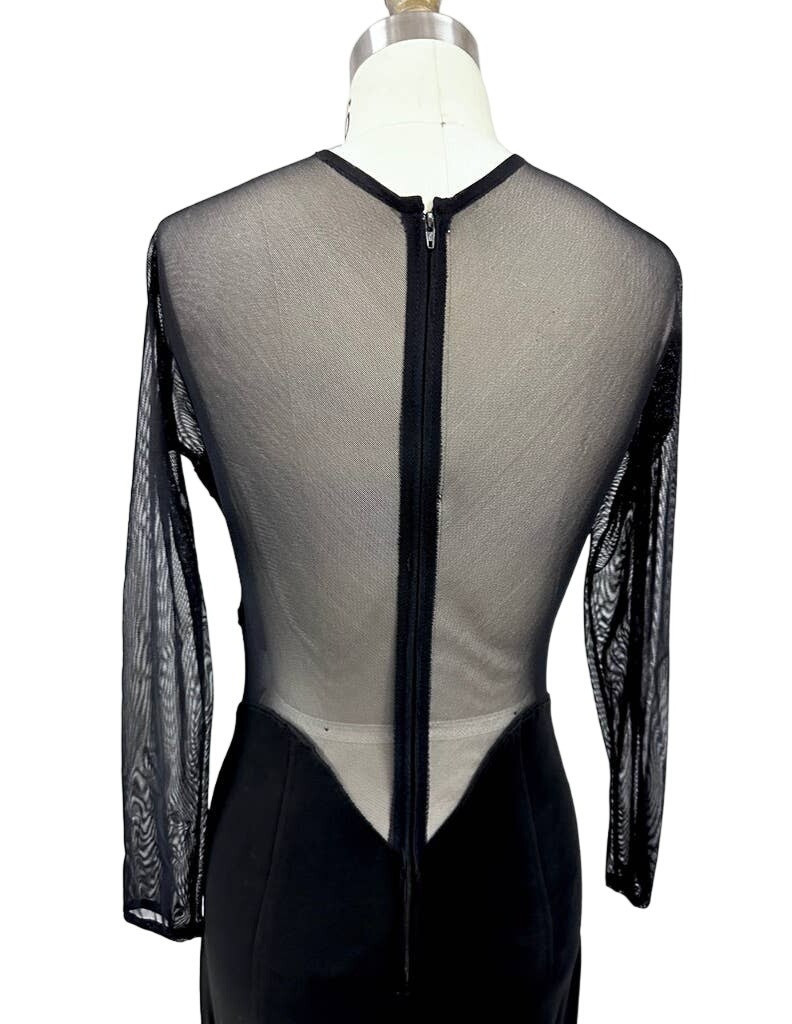 Tadashi VTG 1980s Long Black Evening Dress Sheer Cutouts Mob Wife Disco Glam M