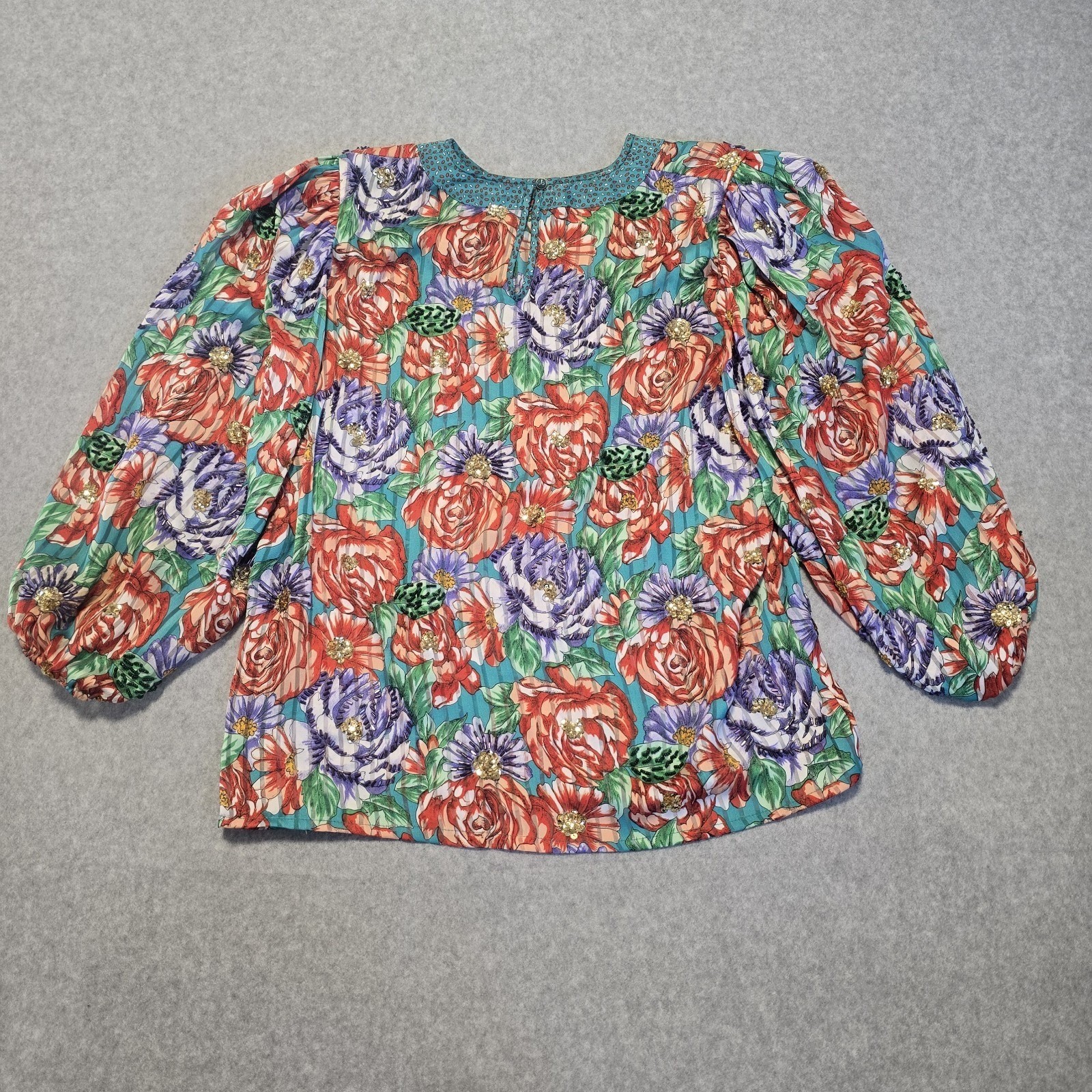 Vintage Floral Sequin Blouse Womens L Multicolor Pleated 80s Balloon Sleeve