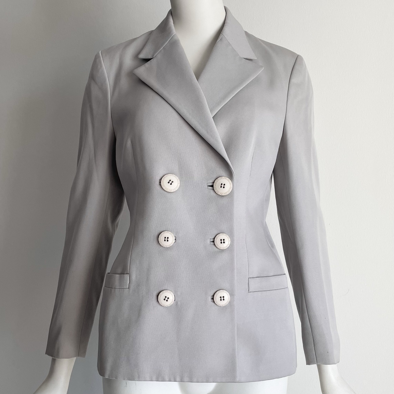 Vintage 1990s Gianni Versace Light Gray Wool Double Breasted Blazer Jacket 40