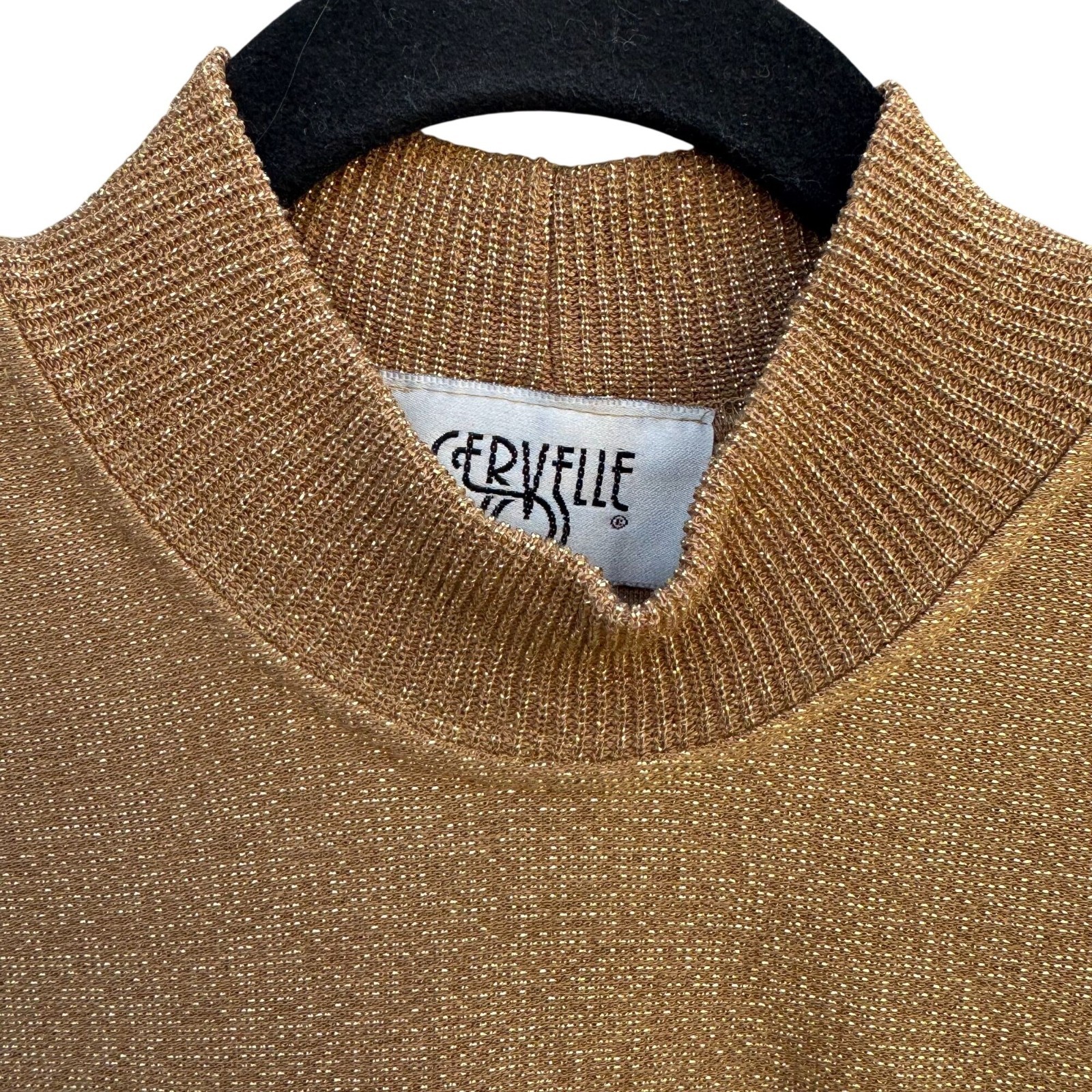 Cervelle Vintage Metallic Gold Mock Neck Shimmer Disco Knit Top S Holiday Glam
