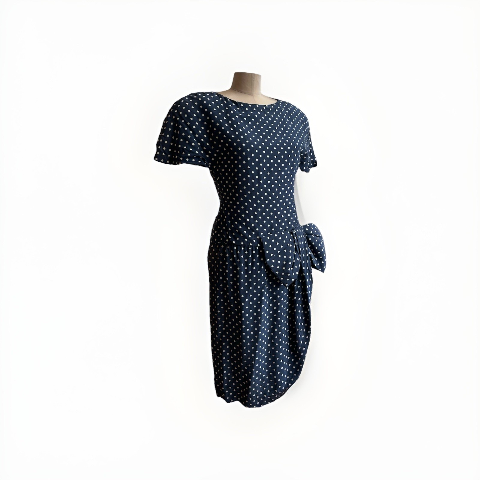 Vintage Arnold Scaasi Dress Pin Up Navy Blue White Polka Dot 80s Cocktail sz S