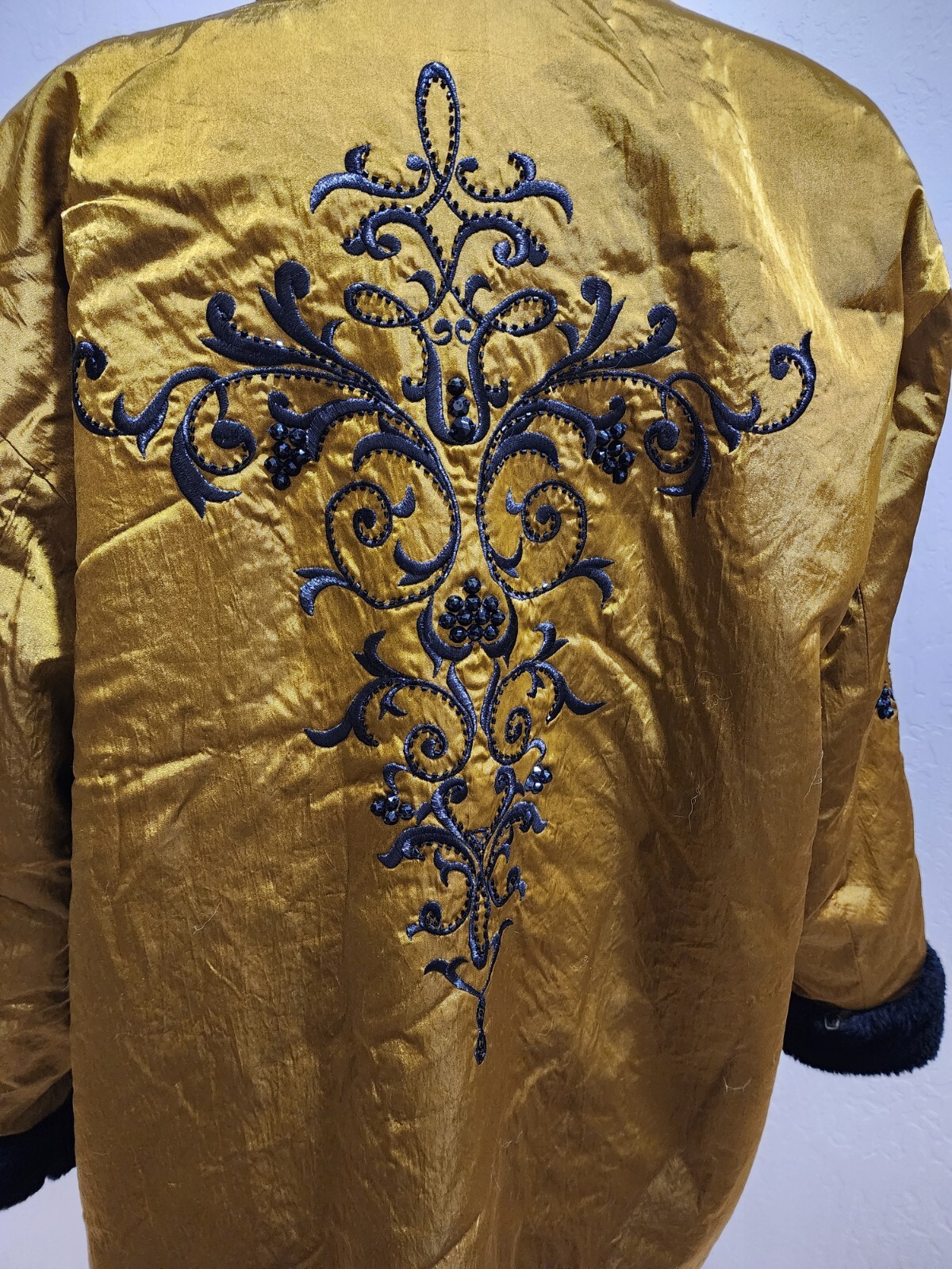 Vintage 1980s Ann Tjian Kenar Gold Fur Reversible Beaded Applique Coccoon Coat L