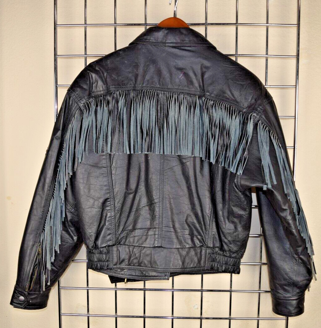 Vintage Leather Jacket Steer Brand Size M/L 80s Glassy Black Fringe All Across