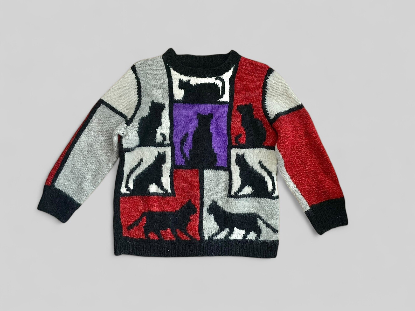 VTG Black Cat Patchwork Sweater Handmade Color Block Retro 80’s 90’s Grunge S/M