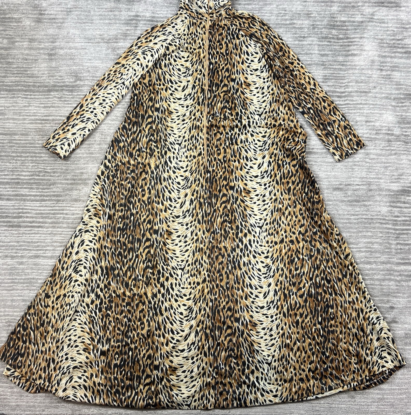 Vintage Elaine Sklar Dress Womens Med Brown Animal Print Long Sleeve Maxi Nylon