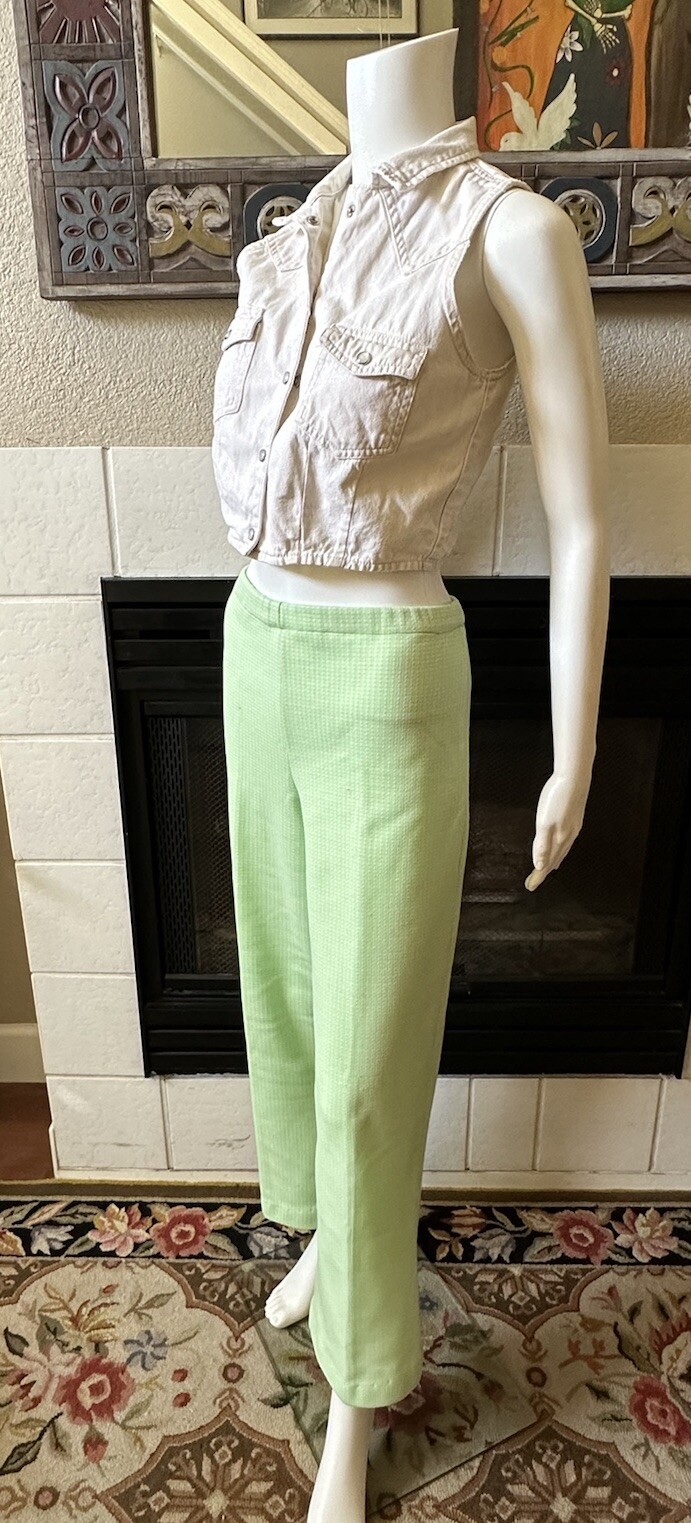 Green Plaid Polyester Pants 31×28 Lightweight Elastic Waist Vtg 70’s