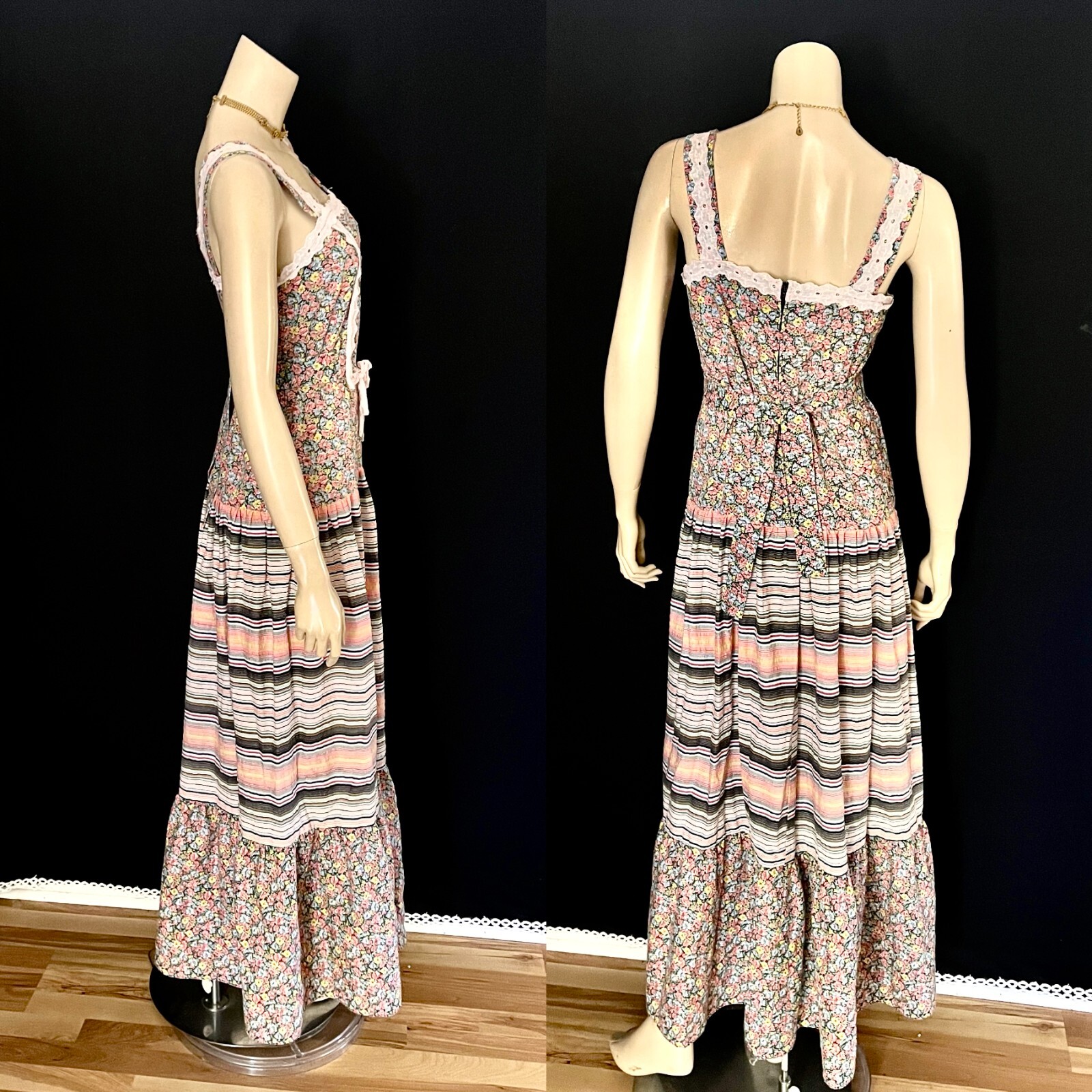 1970s Cottage Core Boho Tiered Maxi Dress, Mr. „B” of SF, California, Sm-Med.