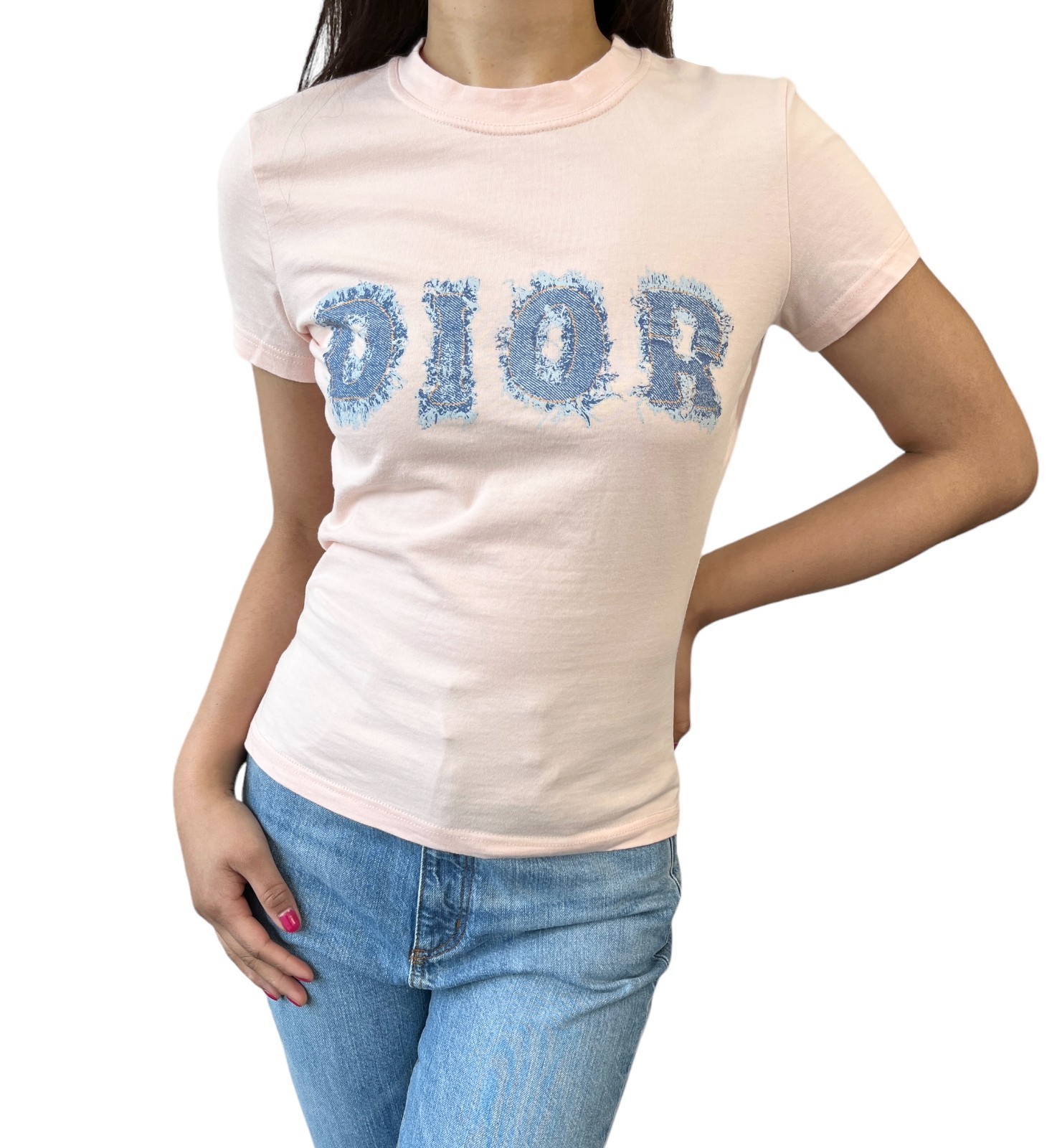 Christian Dior Vintage 2003 Denim Print Logo T-shirt Top #38 Pink Blue 902583