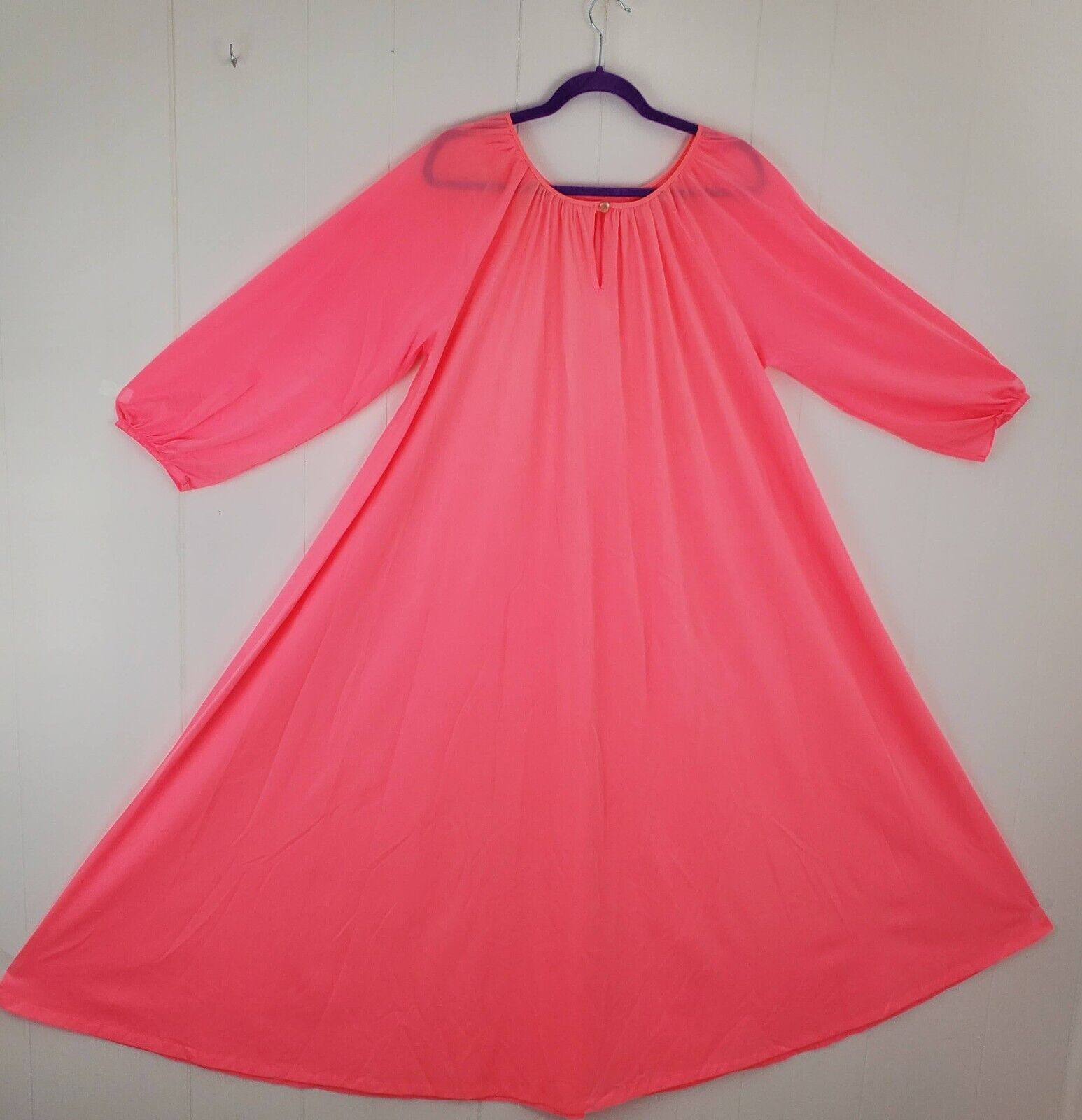 VTG 60s Full Sweep NYLON Nightgown Gown Barbie Hot Pink XL PLUS OSFA Long Sleeve