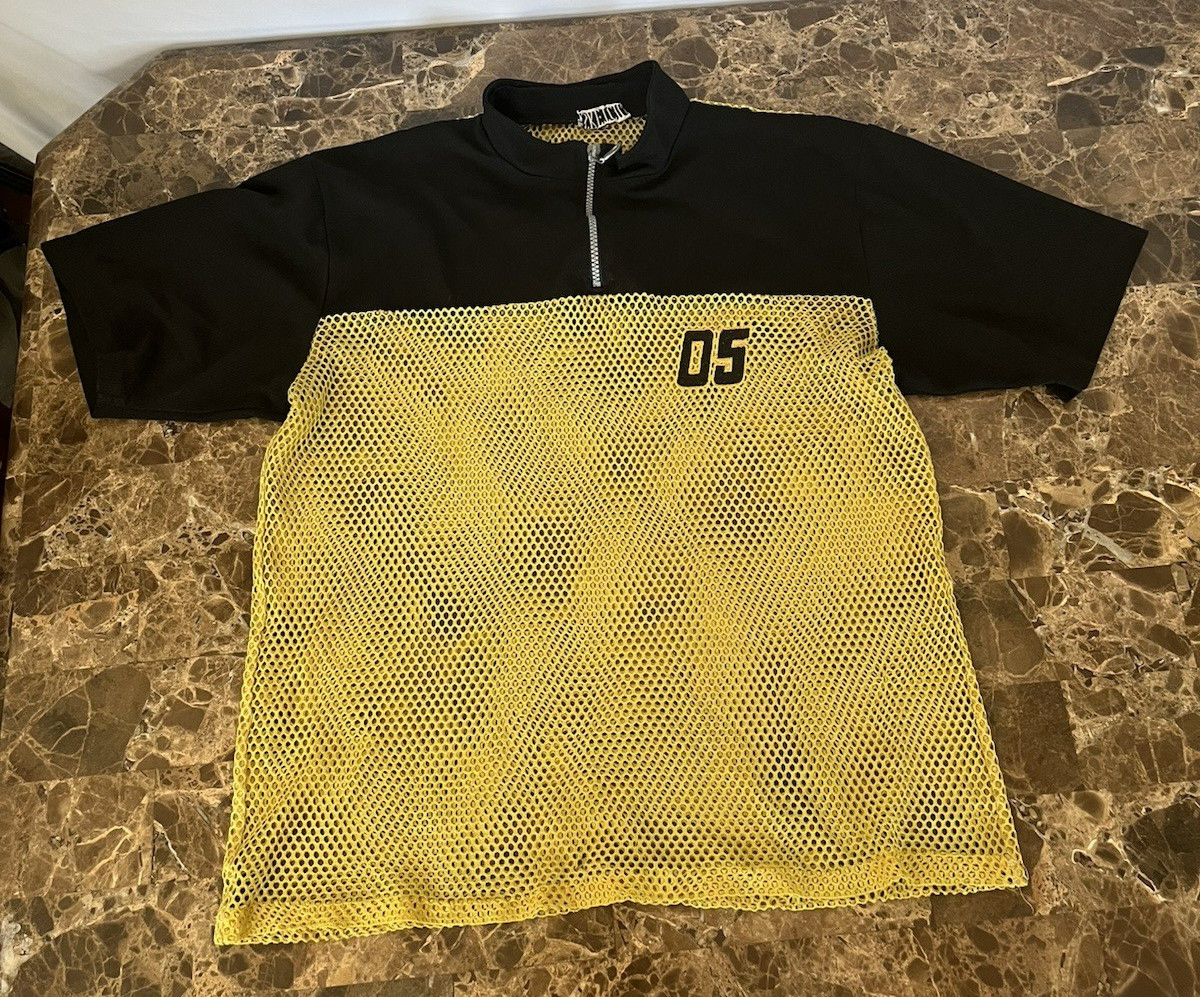 Vintage Large Fishnet Mesh Short Sleeve Yellow Top Streetwear Grunge Hip Hop!HTF