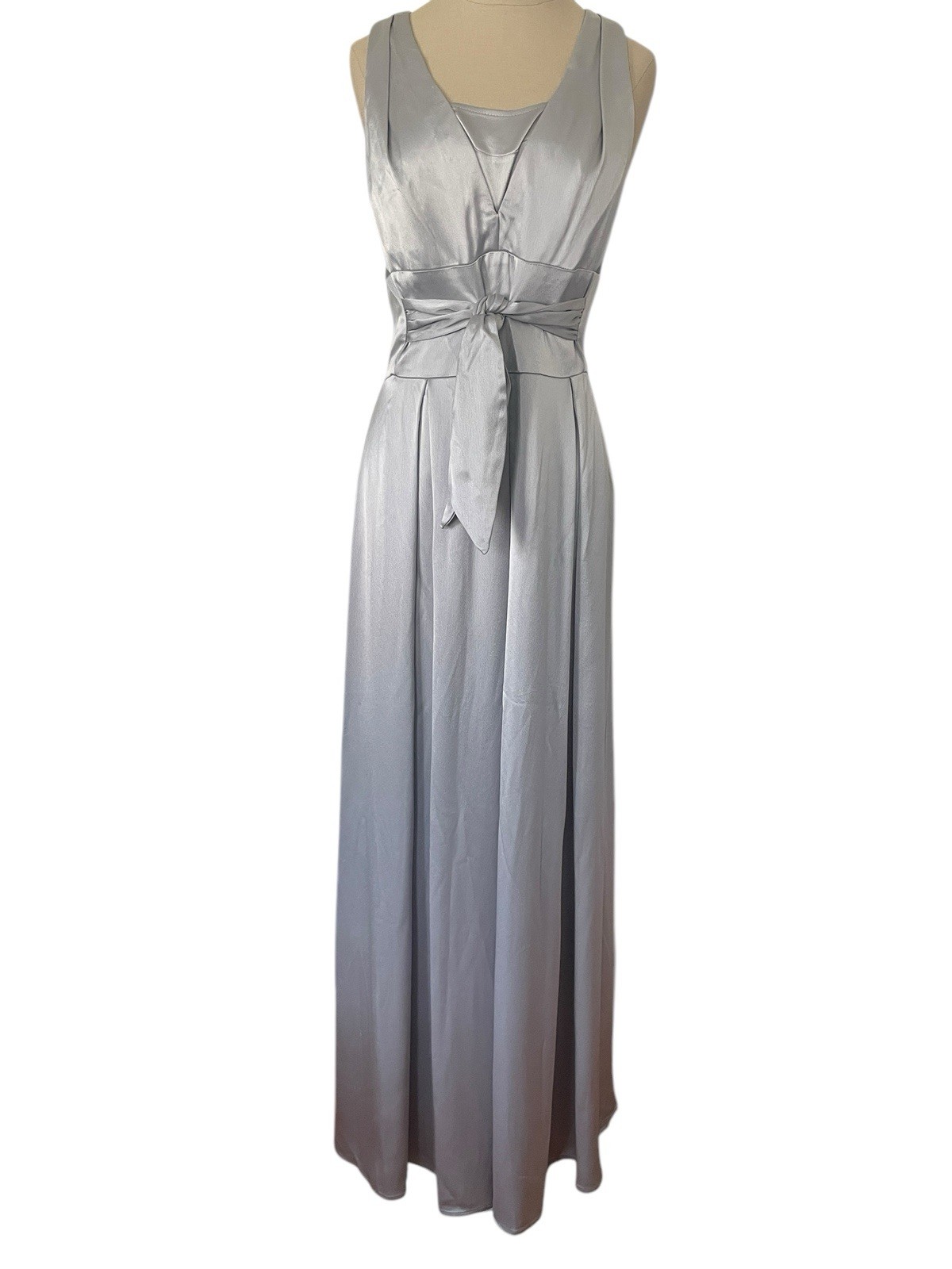 Vtg 90s A.B.S Allen Schwartz Satin Silver Dress Gown Y2K Old Hollywood Glam Sz 8