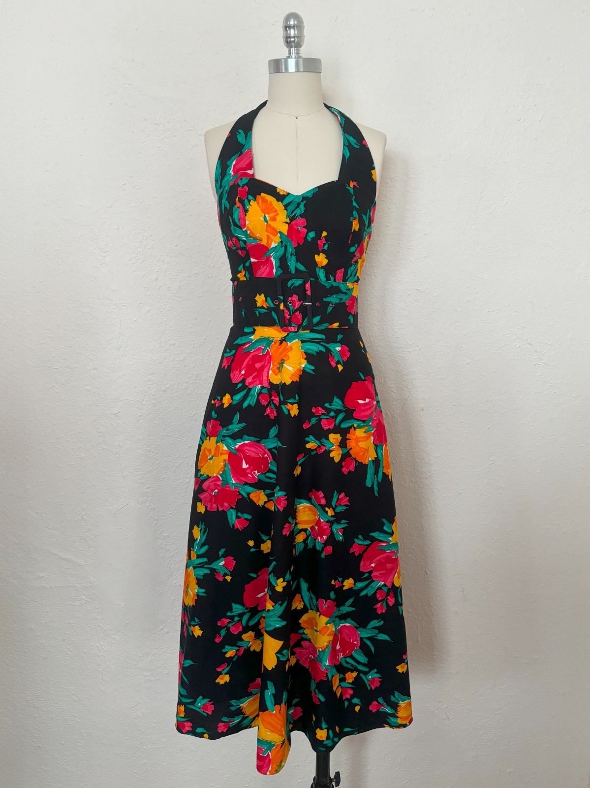 1990s Black Floral Halter Dress w/ Belt by Concepts, Extra Small to Small