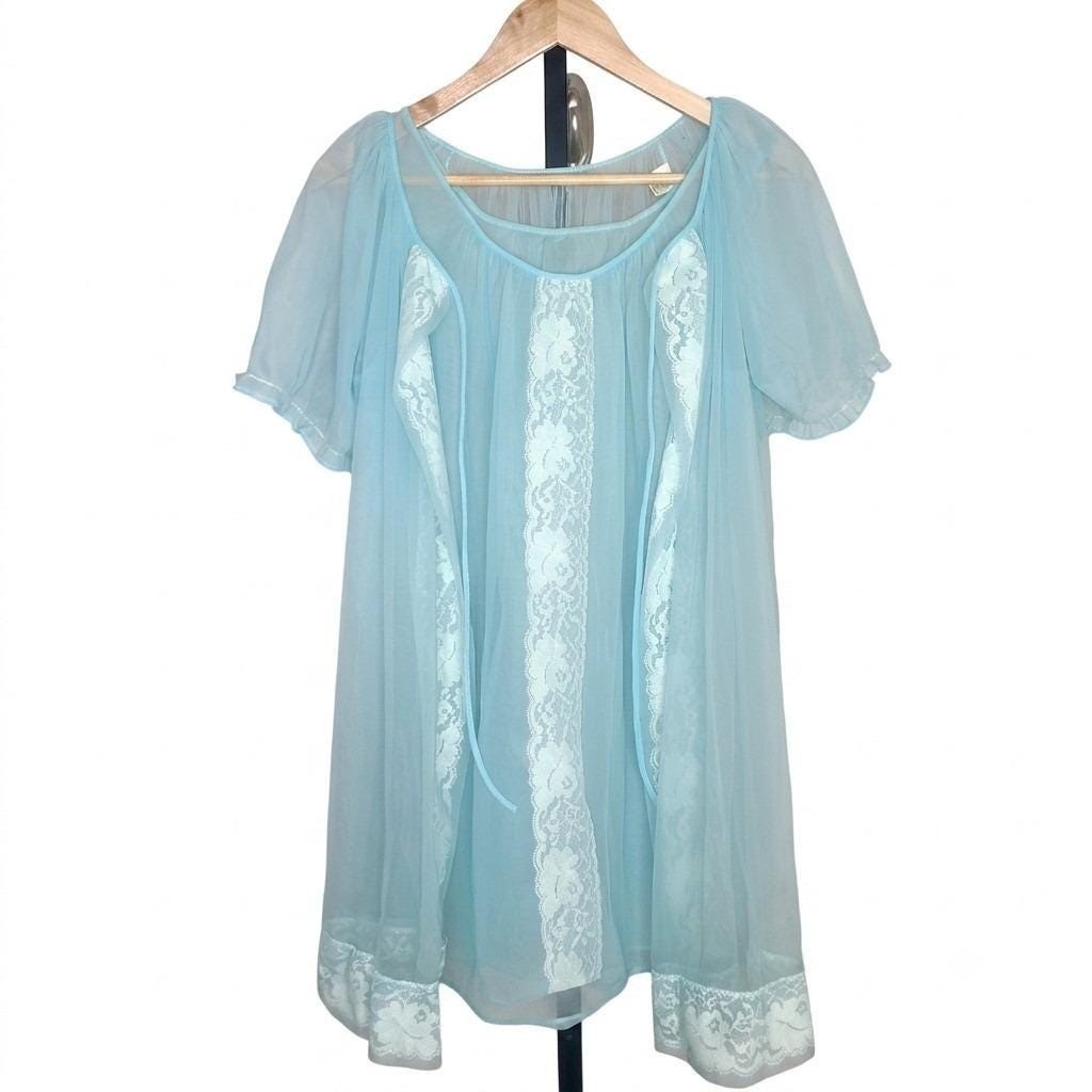 Vintage 1960s Baby Doll Peignoir Nightgown And Robe Set Baby Blue Pin Up Retro L