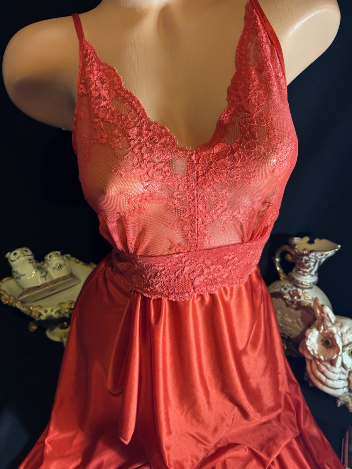 Vtg Silky High Slit Nightie Shiny W Sheer Wide Frilly Chantilly Lace Nightgown
