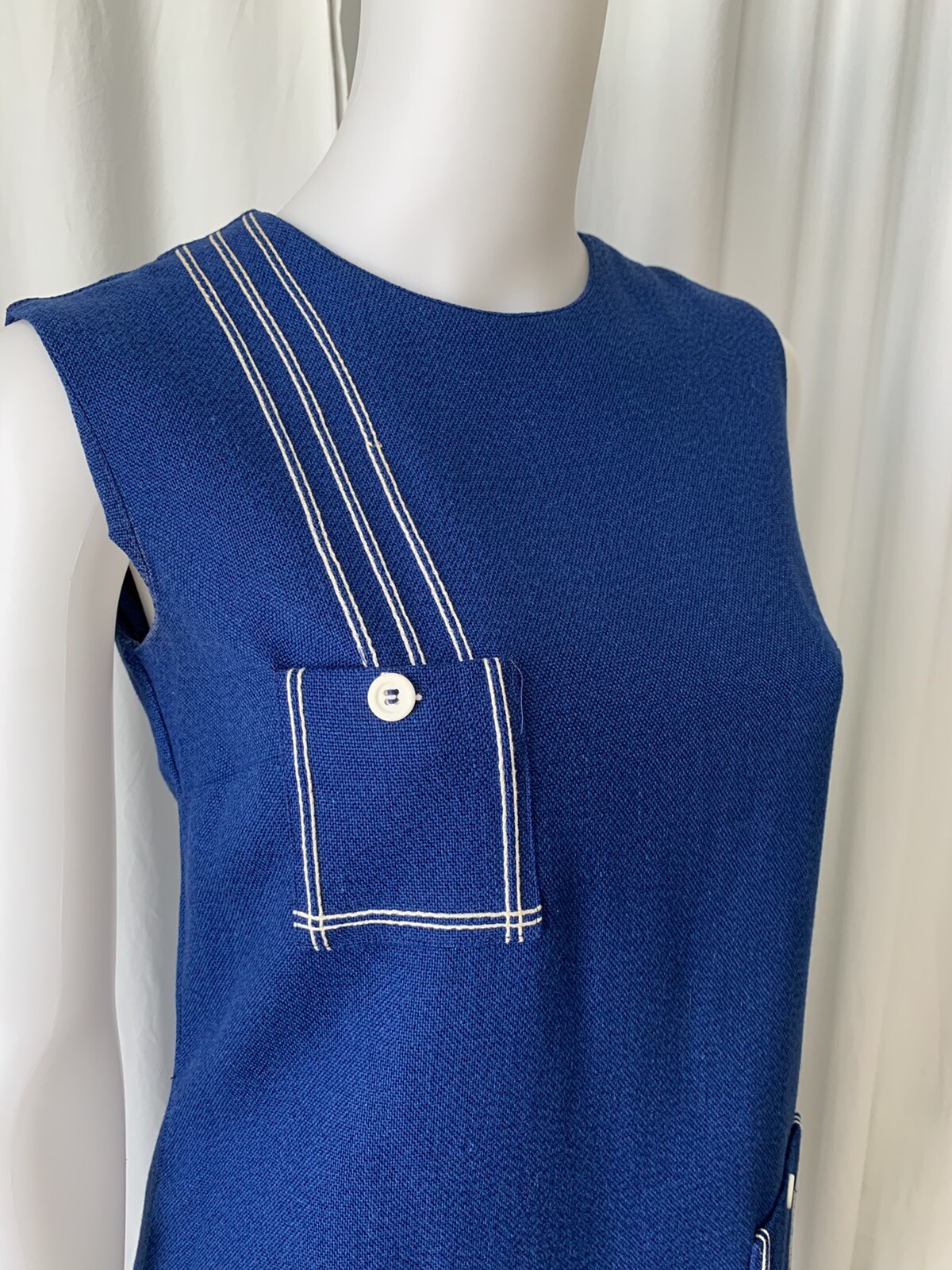 Vintage 70s The Art Shirt Mod Royal Blue Trapeze Dress Embroidered Size 9/10