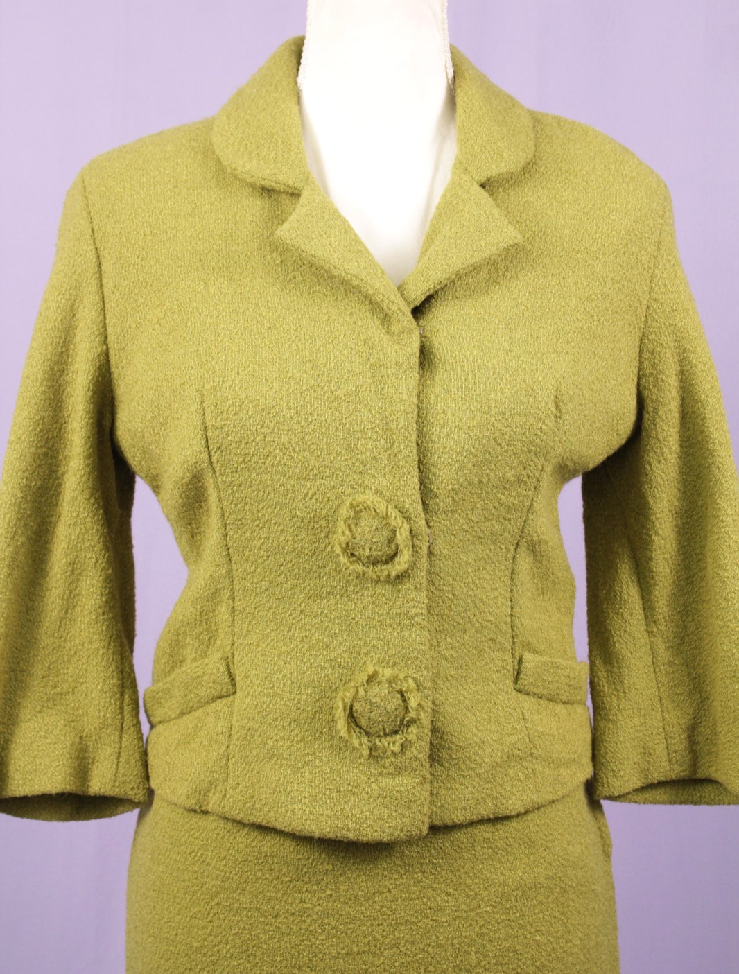 VTG Women’s 50s 2 Pc Chartreuse Wool Dress Suit XS/S 1950s Utah Tailoring Mills