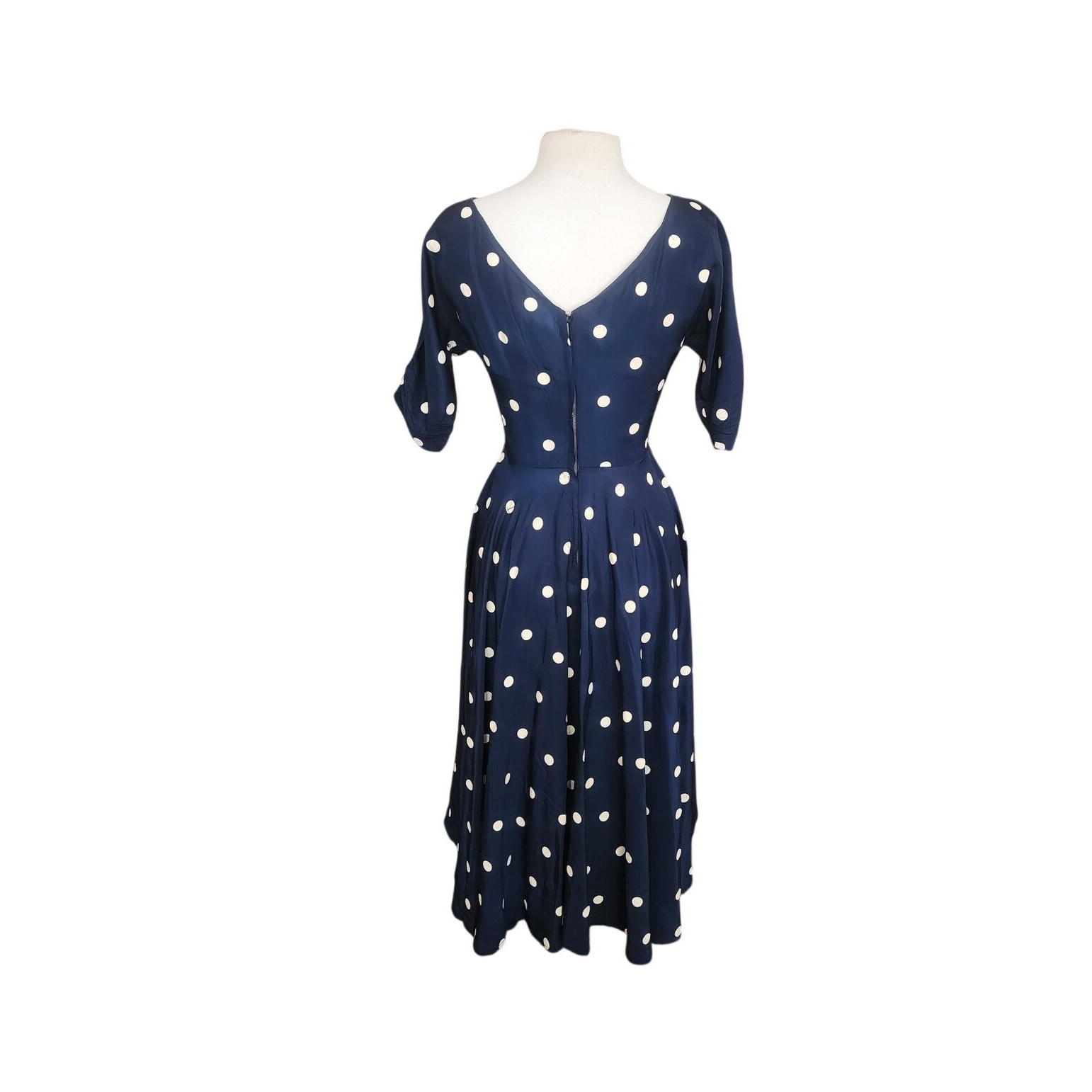 Vintage 1950s Lilli Diamond Dress Blue White Polka Dot Print Midi / S