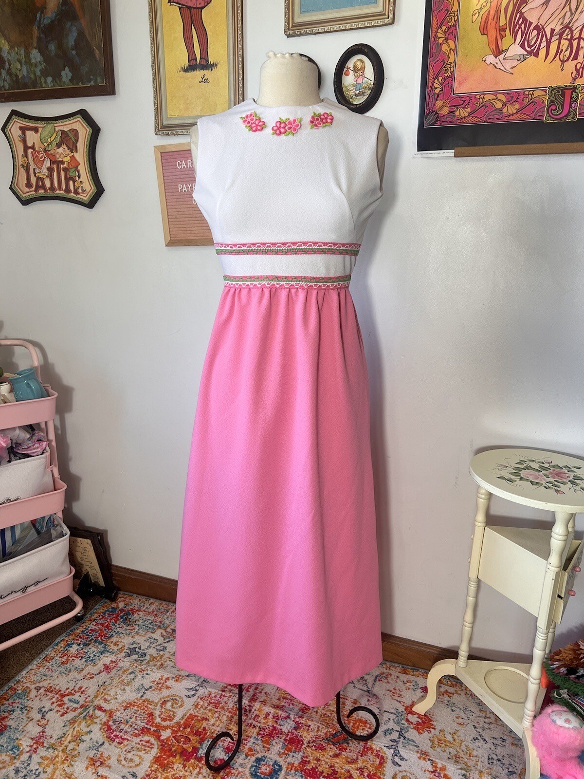 Vintage 70s Maxi Dress Pink Green White Groovy Easter Colorful Spring XS / S