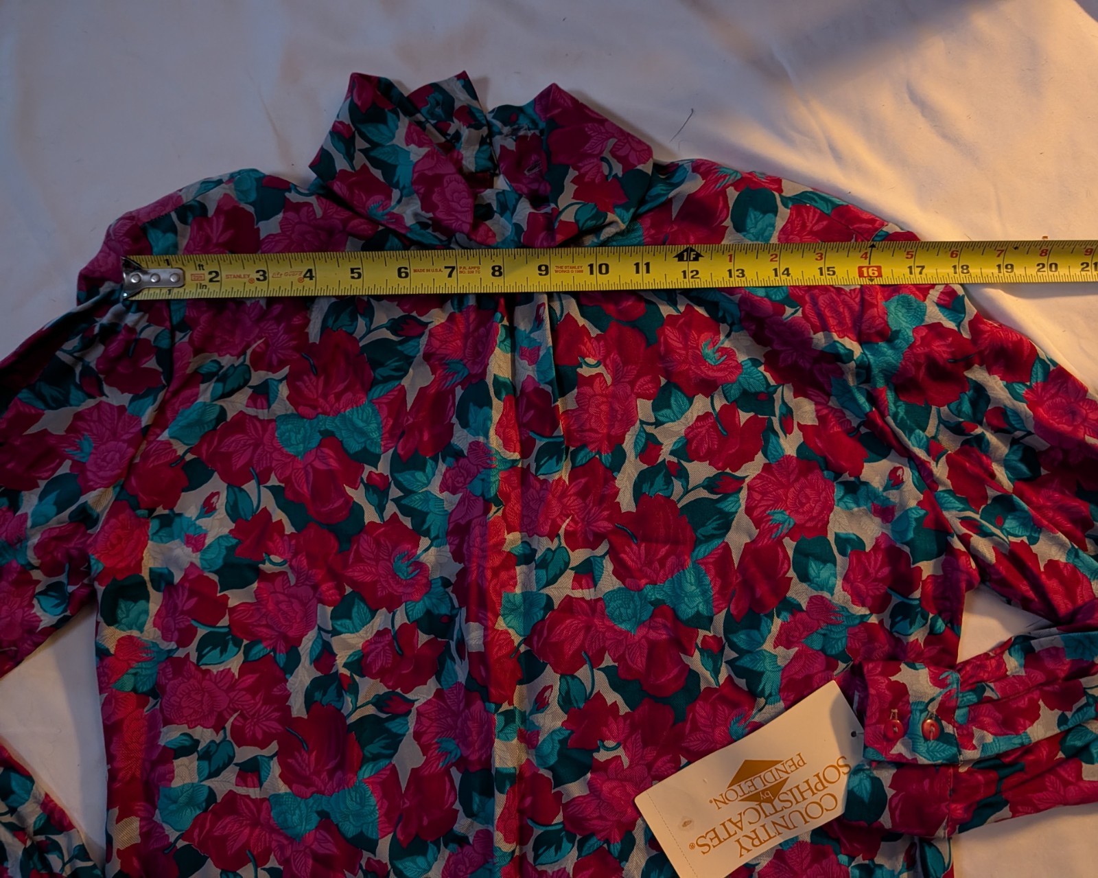 Pendleton VTG Blouse Sz 6 Red &Teal Top Cuffed Long Sleeves High Neck Business