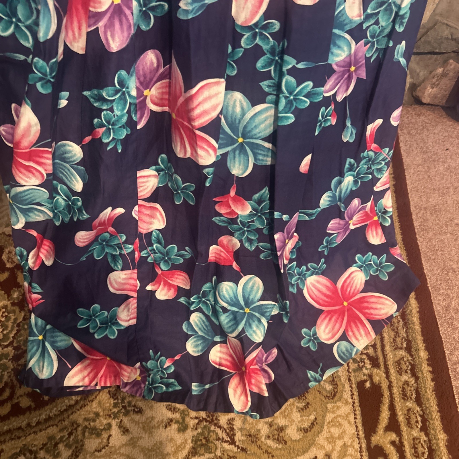 VTG 70s Hukilau Fashions MuuMuu Maxi Dress Blue Barkcloth Tiki Hawaiian Aloha 14