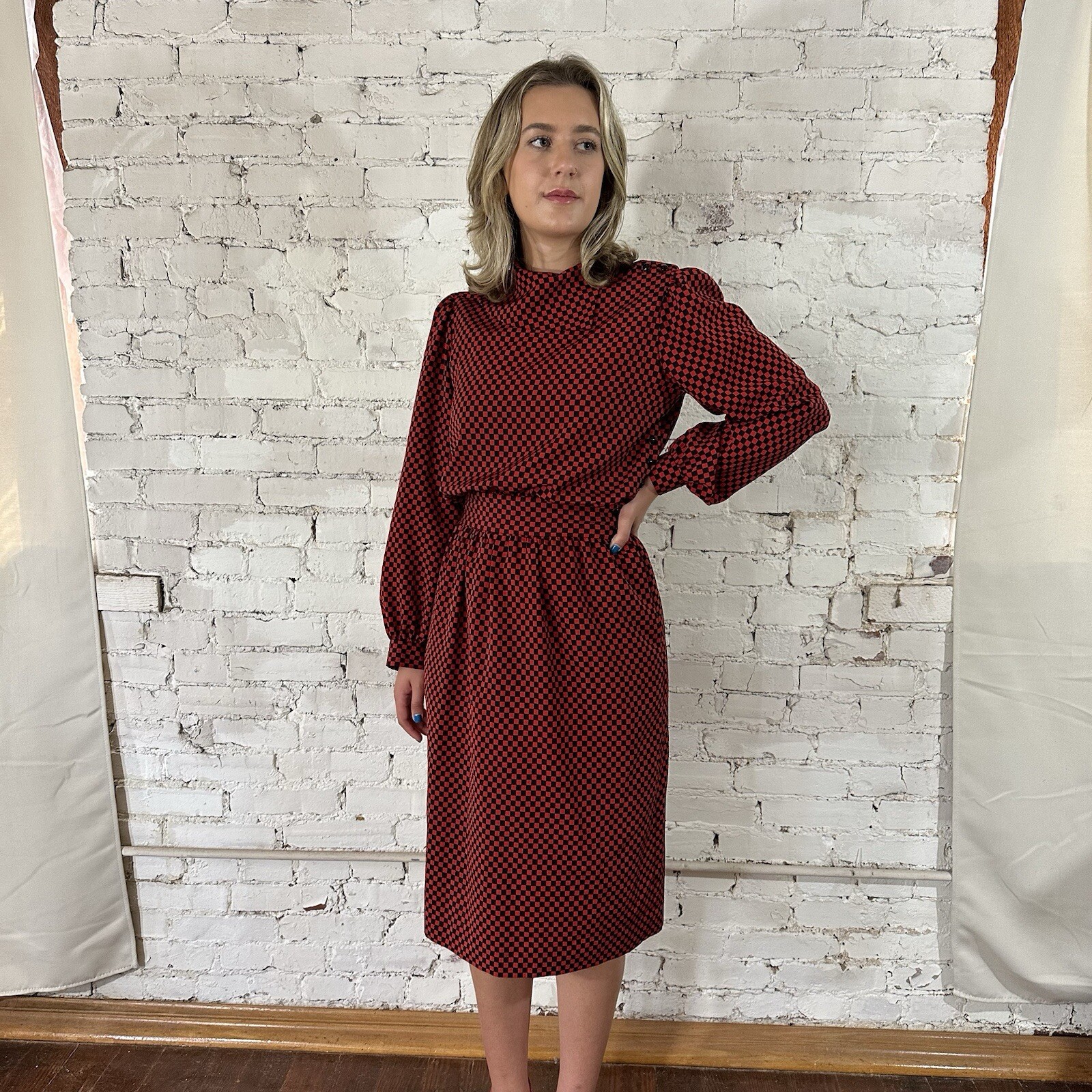 Vintage Albert Nipon Executive Dress 80’s Secretary Red Black Checkerboard S/M