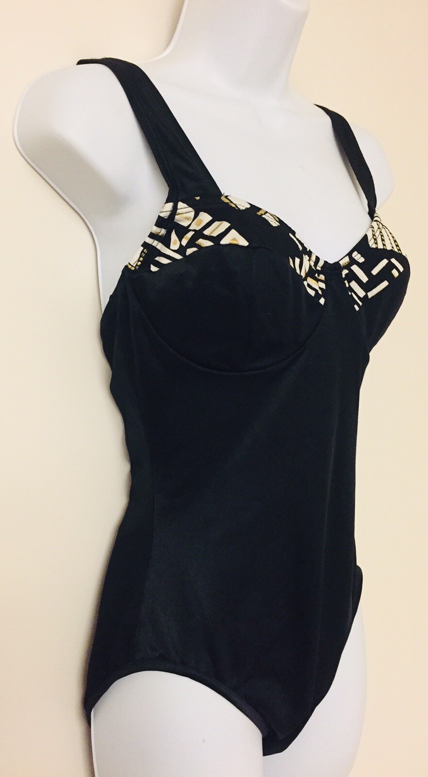 Christina Black White Gold Balconette One Piece Swimsuit Vintage 1980s Size 14