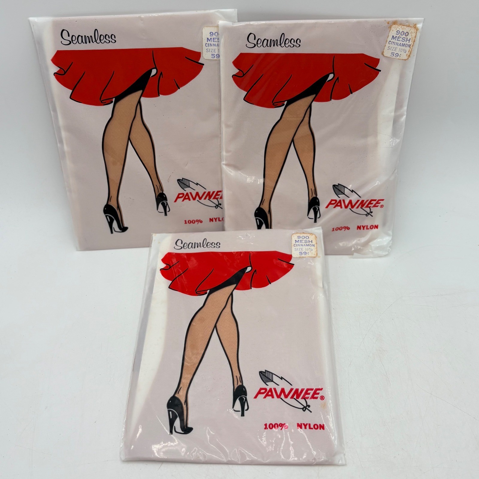 VTG 3PK Vintage Pawnee Seamless Stockings Cinnamon Brown 100% Nylon Mesh Sz 10.5