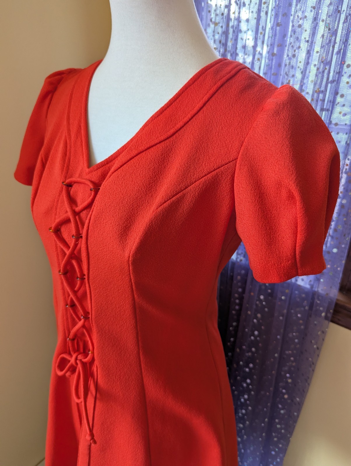 Vintage 70’s Lace Up Polyester Puff Sleeve Babydoll Mini Red Dress Size Small
