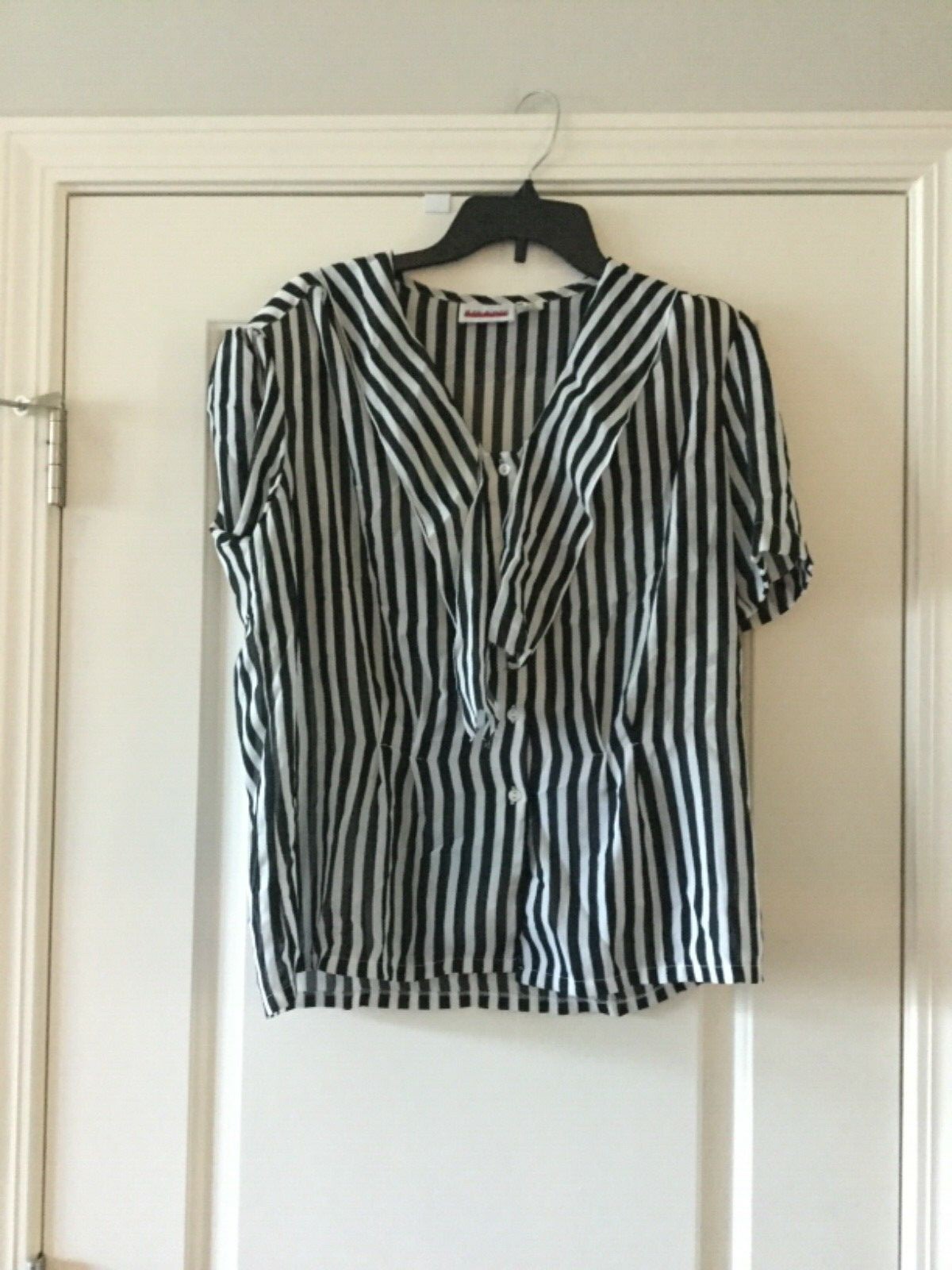 Vintage Judy Bond Size 16 Secretary Blouse Necktie Bow Black White Stripe Sexy