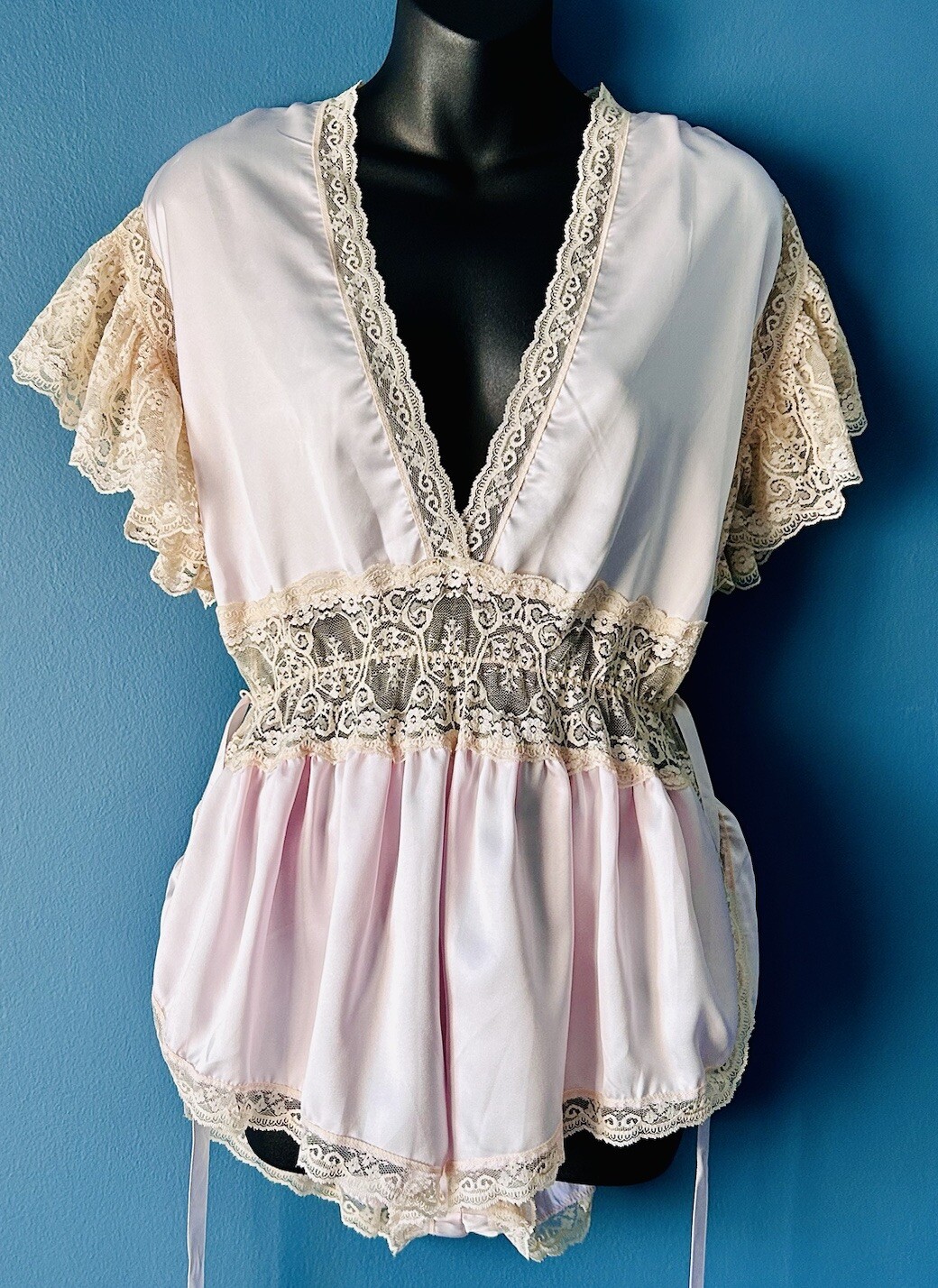 Rare Vintage Lily Of France Teddy Romper Pink Satin Lingerie With Lace Sz M EUC
