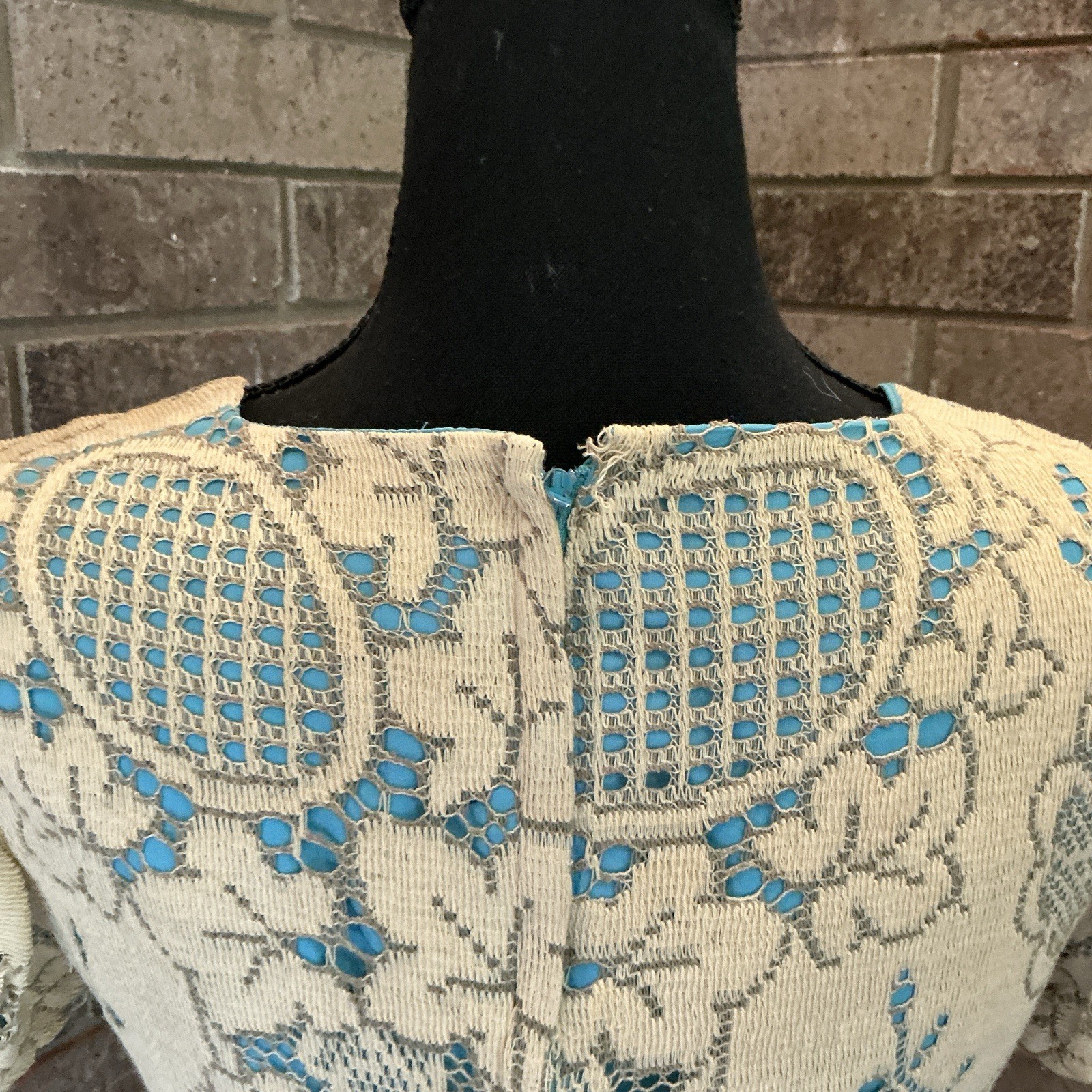 60s VINTAGE Lisa Ross California Lace Shift Dress Turquoise Lined Size 7 #10E3