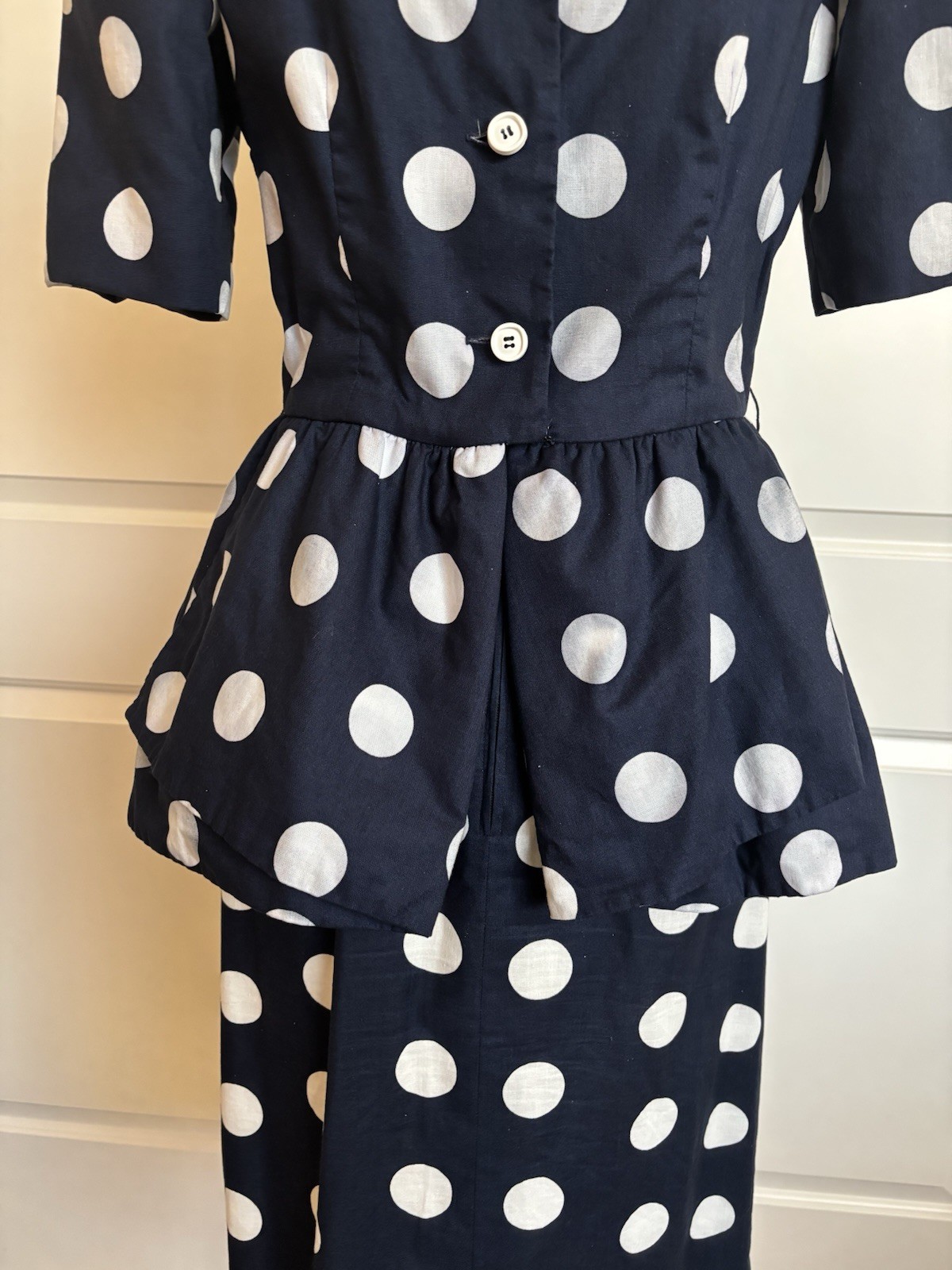 Mollie Parnis Vintage 70’s Polka Dot Peplum Blouse & Skirt Set USA Made Size 14