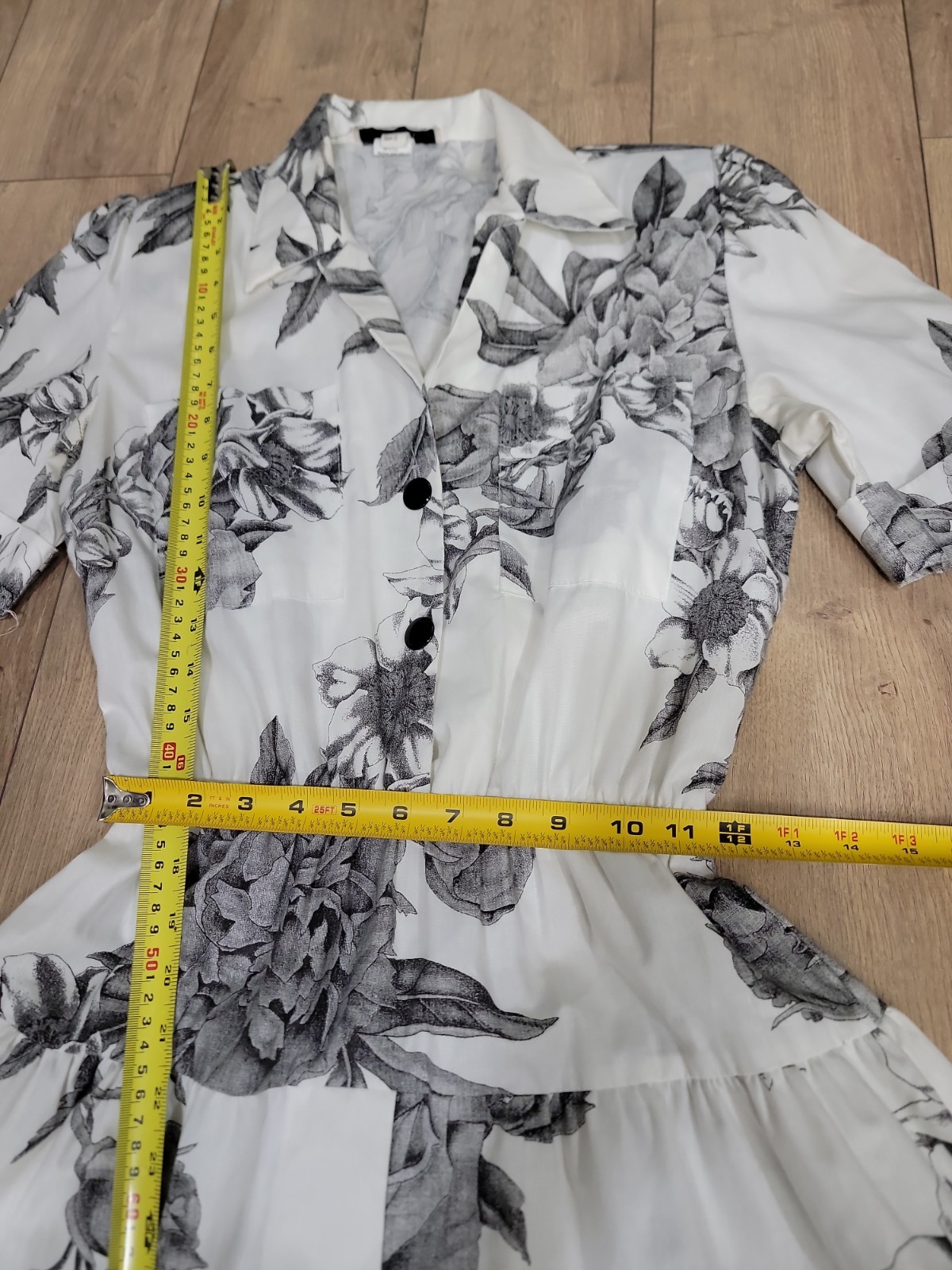 Vintage 80s Black White Floral Shirt Dress Belted Tea Party Cottagecore