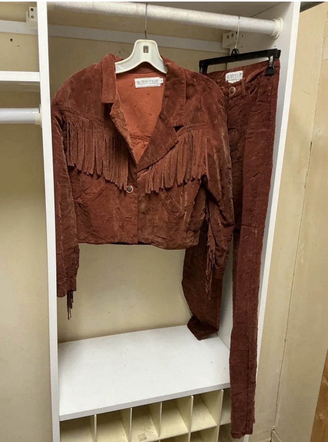 Vintage Action Wear Brown Western Fringe Jacket & Pants 2 Pc Set Size 2 Y2K