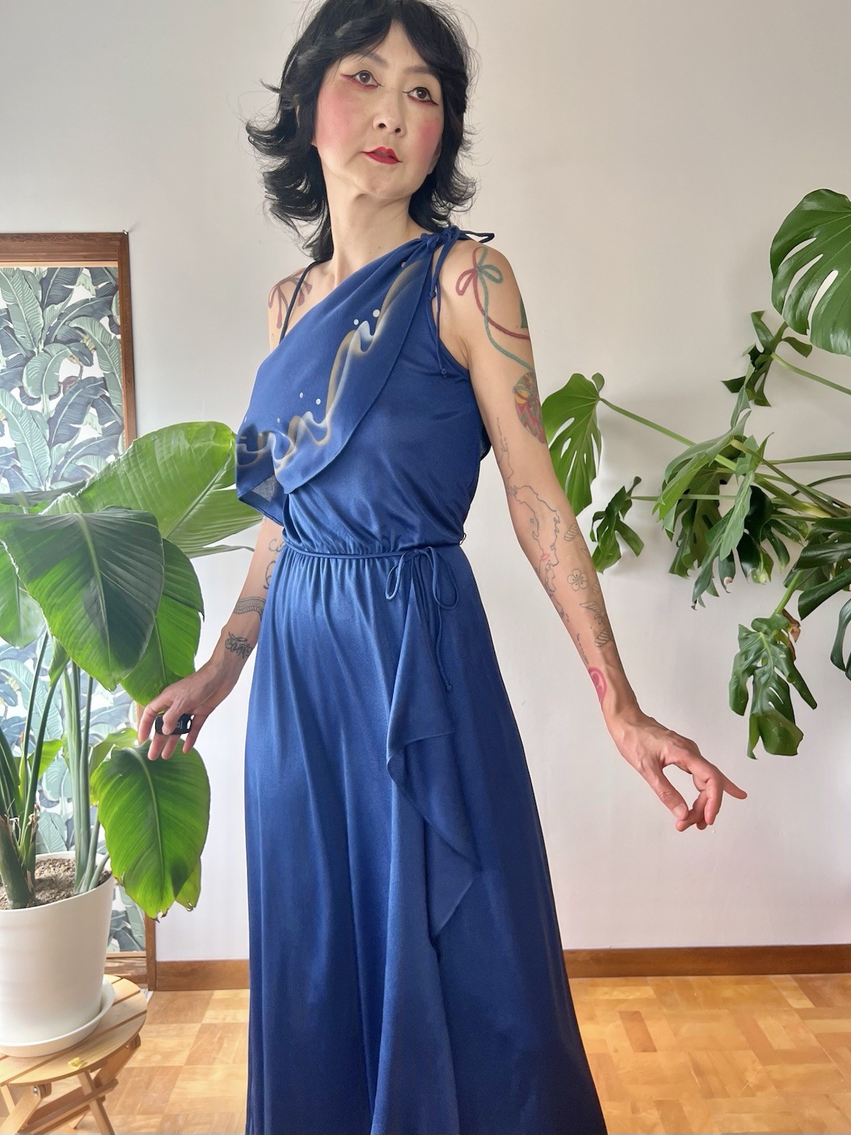 VTG 70s Disco Maxi Dress Airbrush Paint One Shoulder Gown S/M Studio 54 Dress