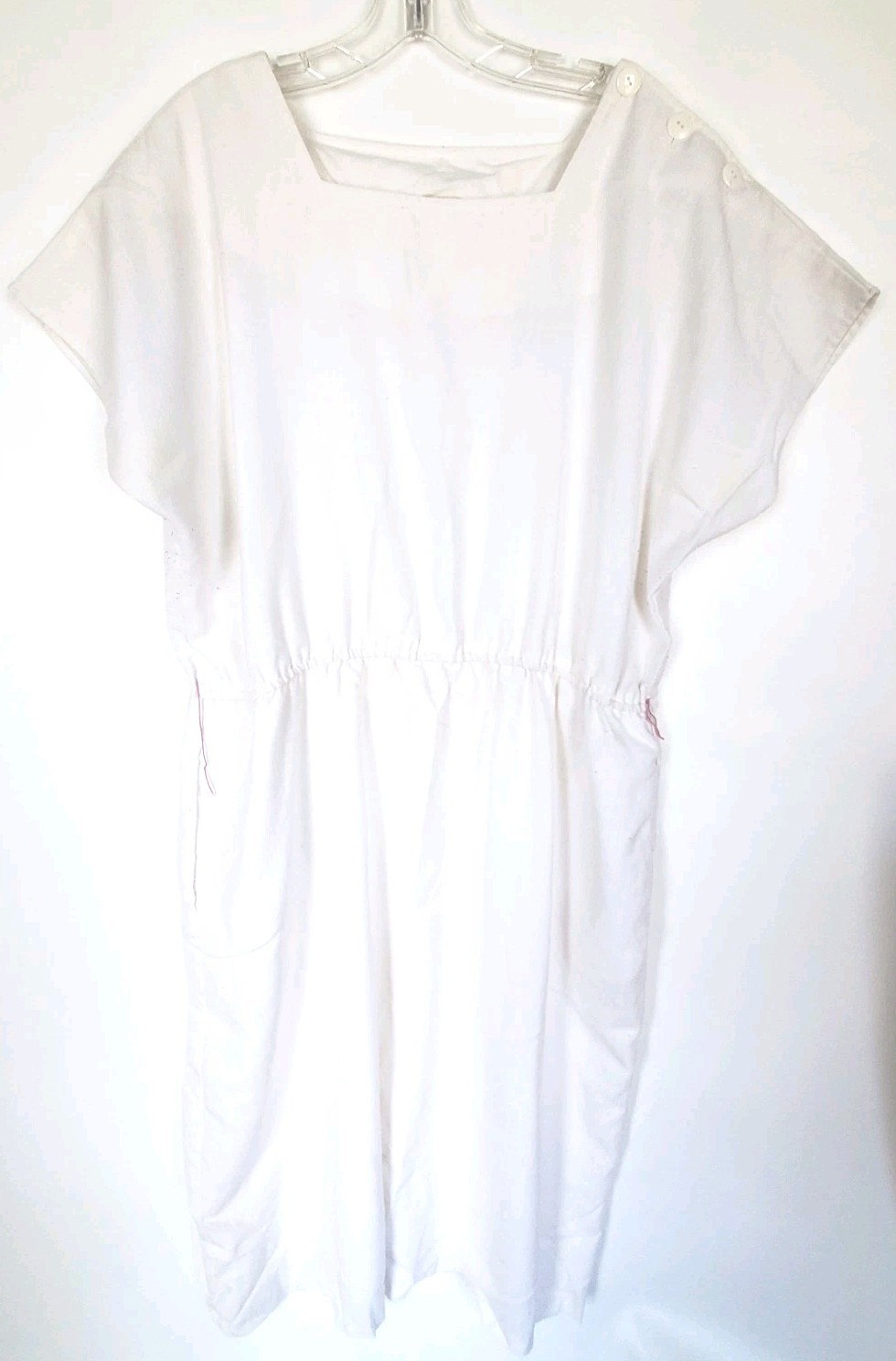 Vintage White Cotton Linen Patient Nurse Dress Square Neck Pockets 2X/XL