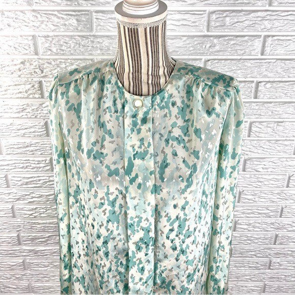 Vintage HaberdasHer Turquoise White Silver Patterned Blouse Shirt Size 7/8